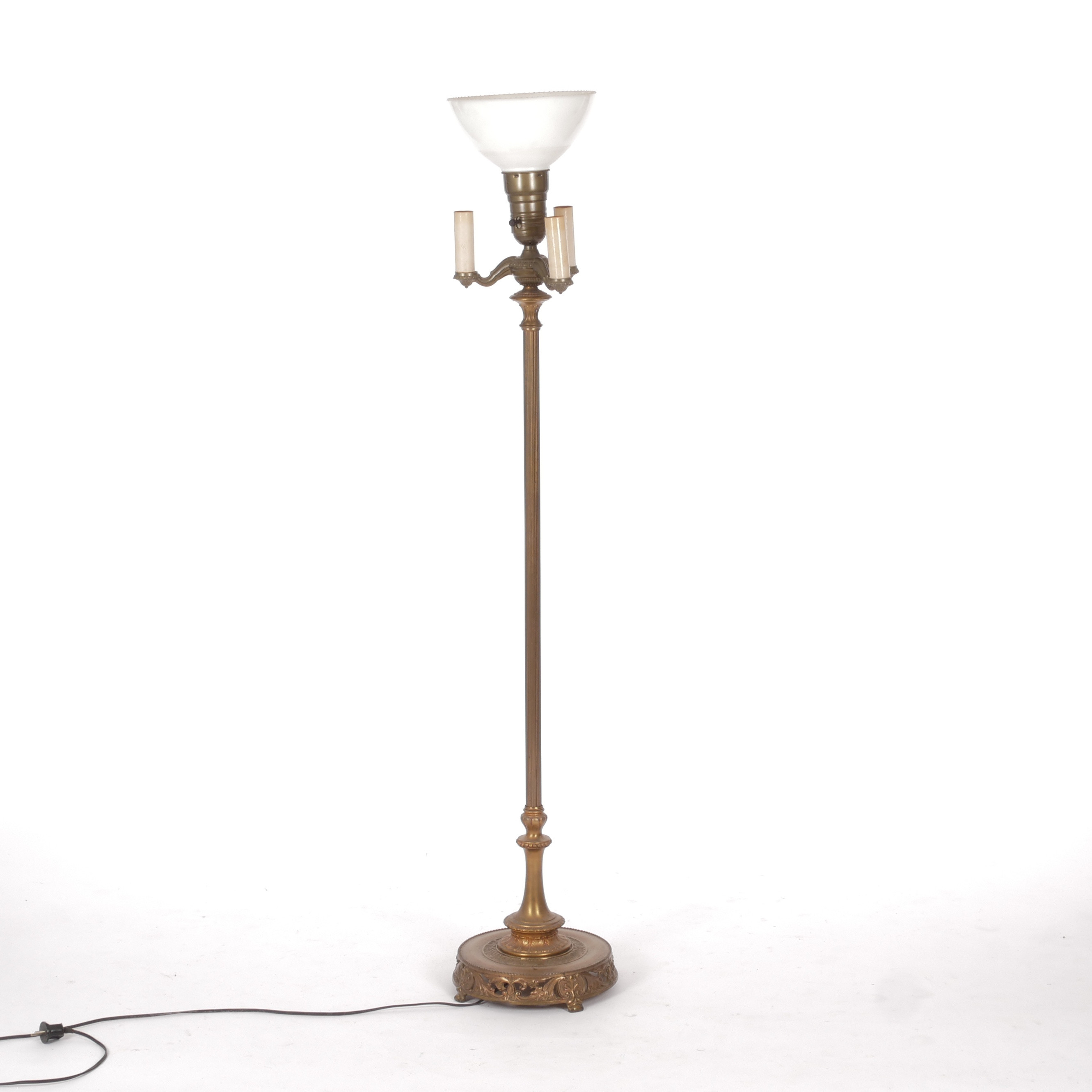 GOLVLAMPA, mässing och glas, uplight, 1930/40-tal.