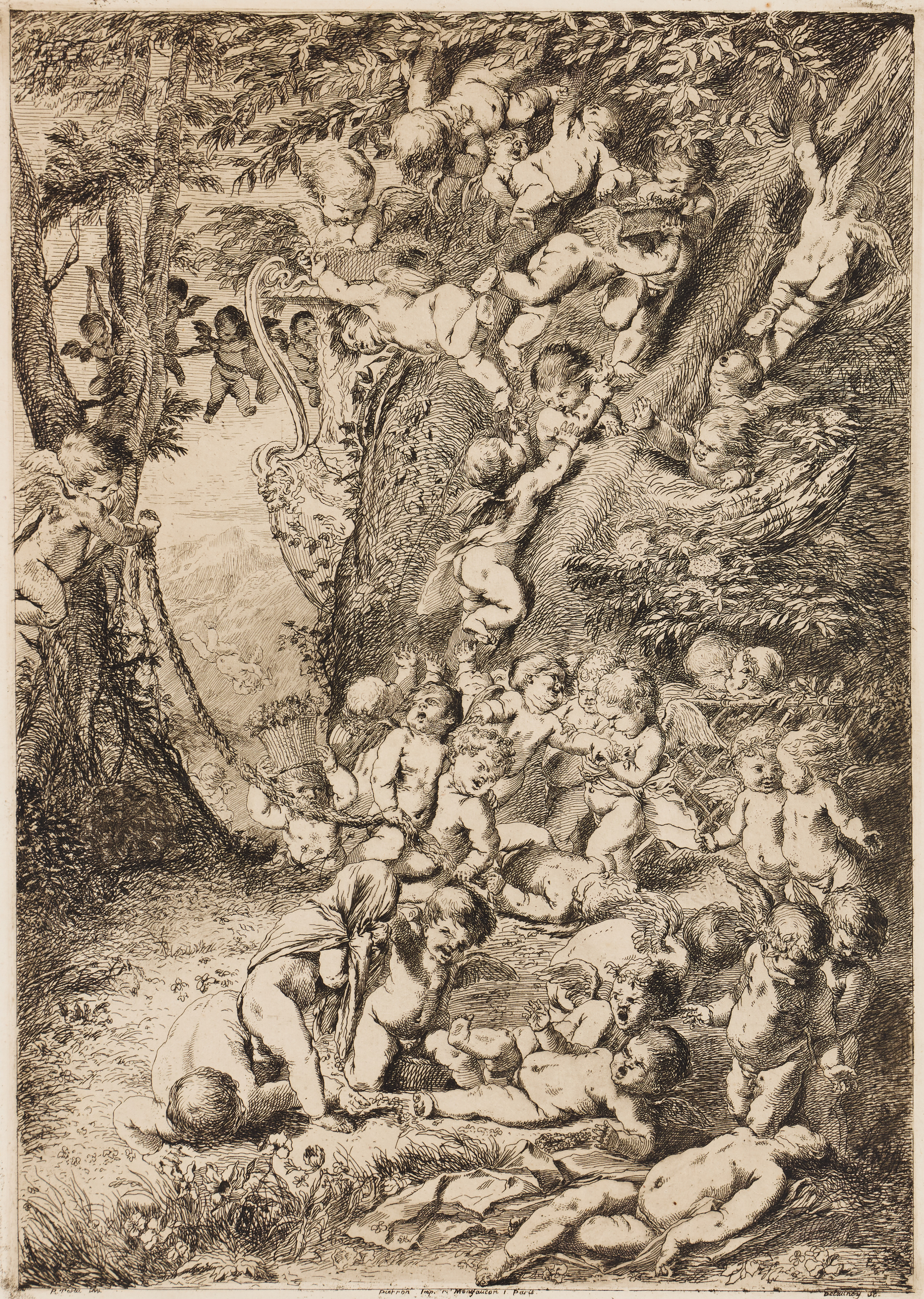 ALFRED-ALEXANDRE DELAUNEY (FRANCE 1830–1894). "Putti Playing around the Trunk of a Tree".