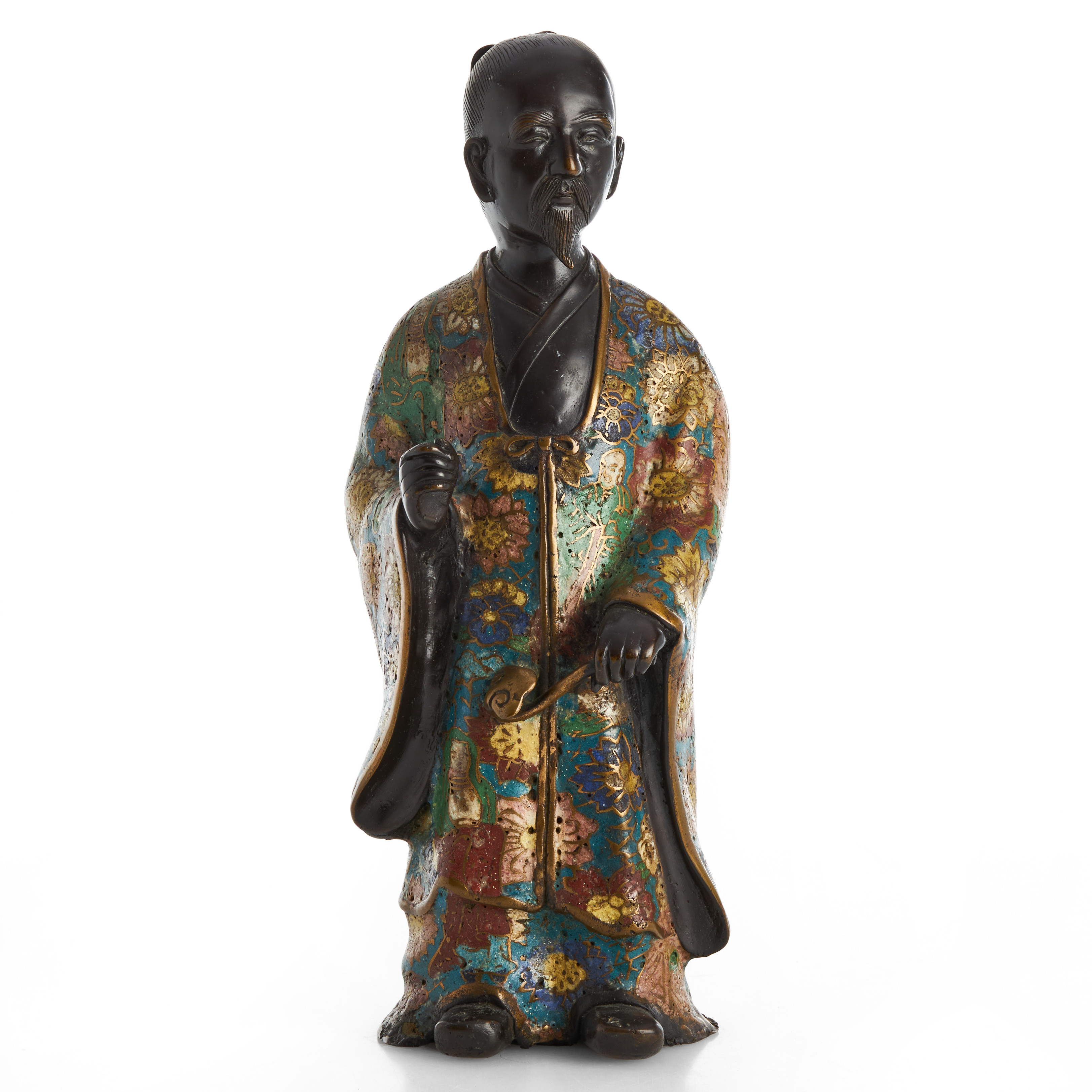 SKULPTUR, mörkpatinerad brons och champlevé, Japan, föreställande en av den kinesiska daoismens odödliga, hållandes en ruyi-stav, 1900-talets första hälft.