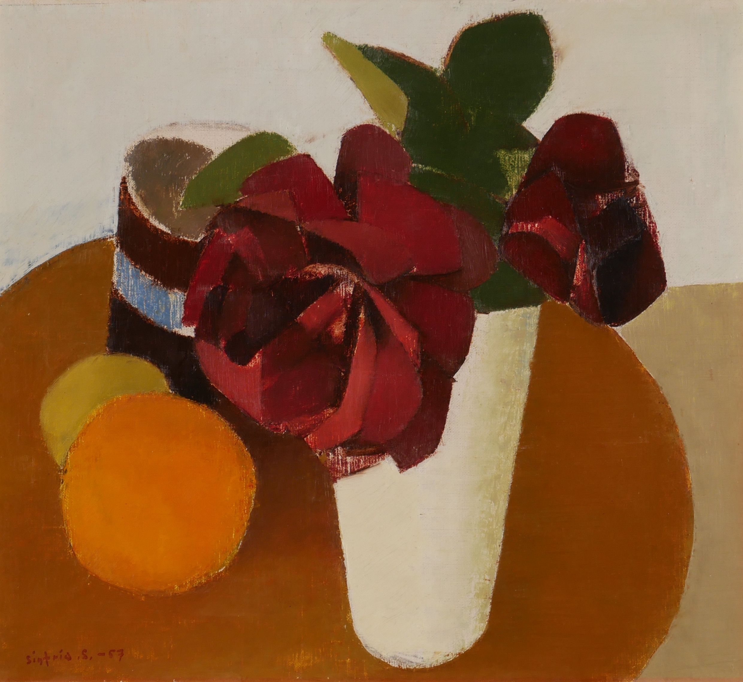 SIGFRID  SÖDERGREN. "Rosor och grapefrukt", stilleben, olja på duk, signerad Sigfrid .S. -57.