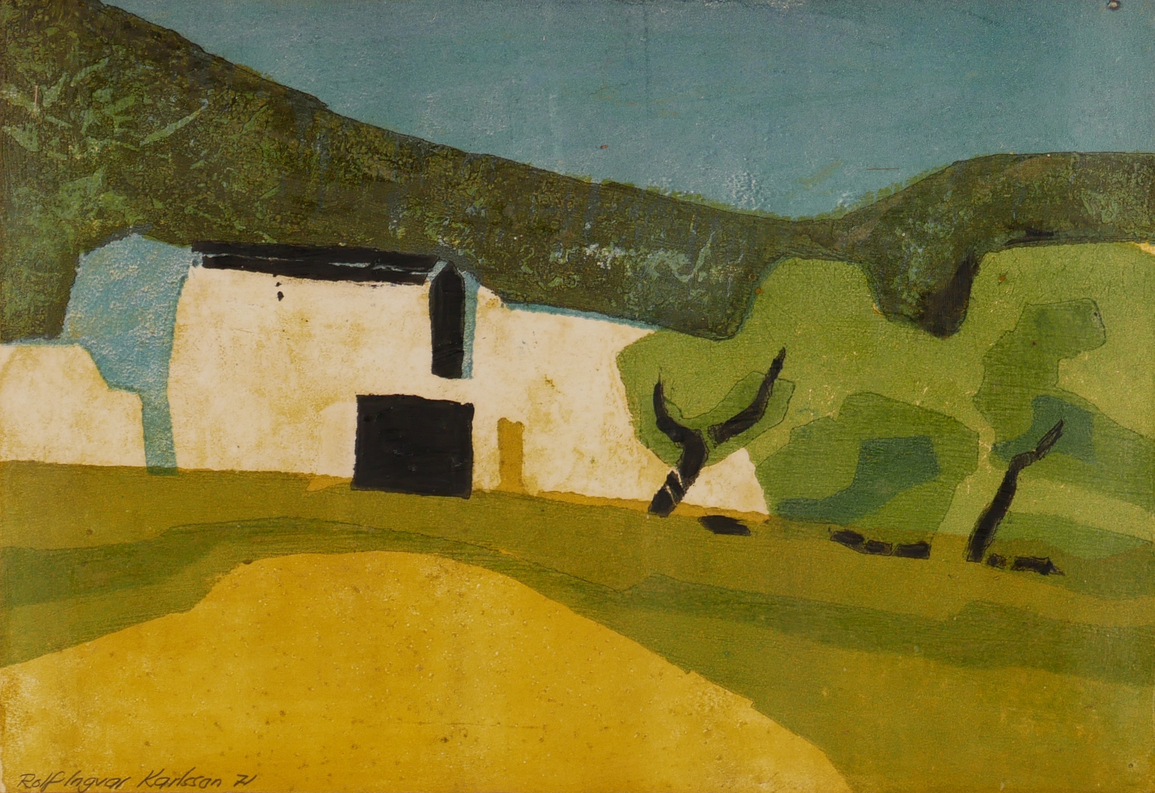 ROLF INGVAR KARLSSON. Landskap, blandteknik, signerad Rolf Ingvar Karlsson 71.