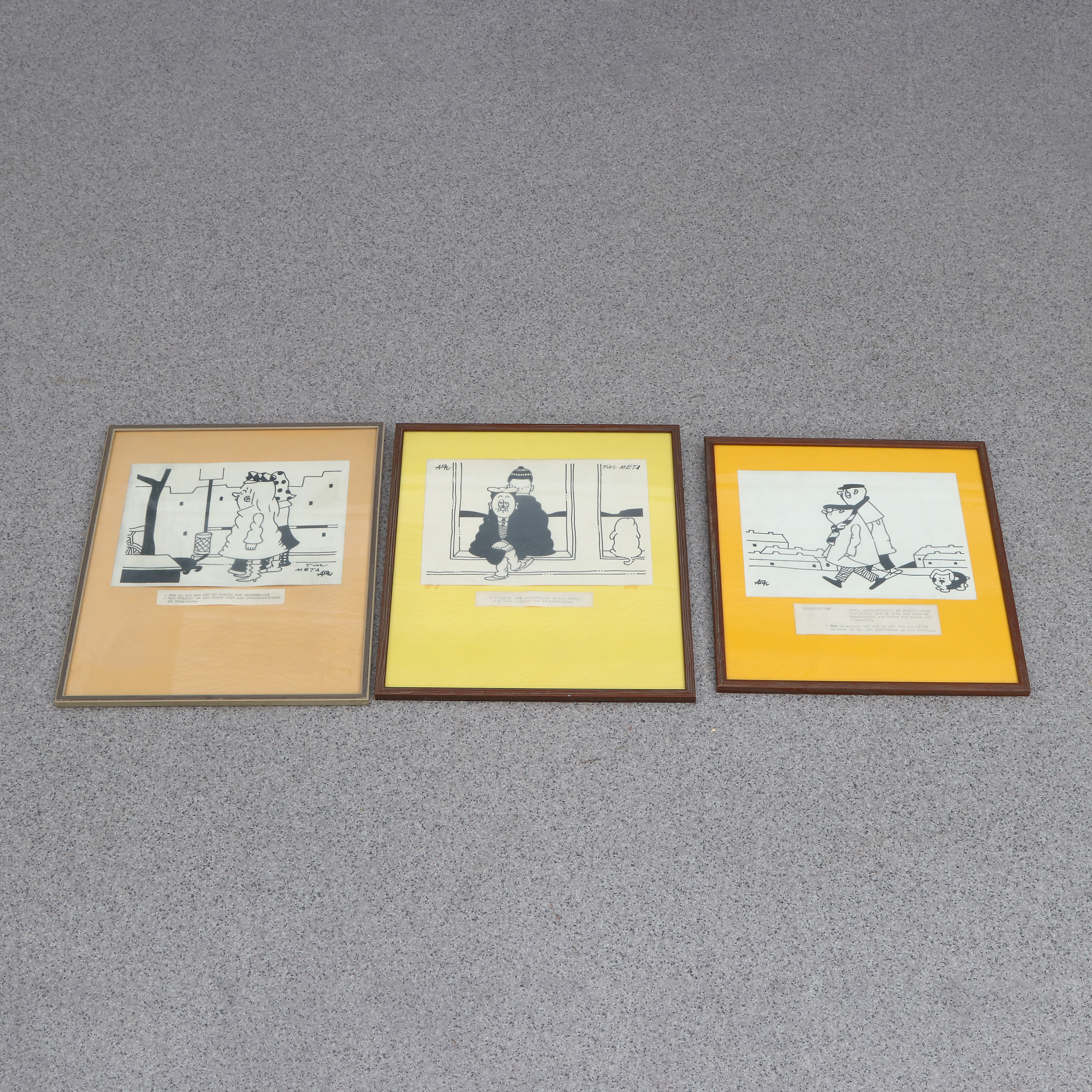 ARNOLD KROLL. SKÄMTTECKKNINGAR, TRE ST. Tusch. Signerade, två dedikerade till Meta.