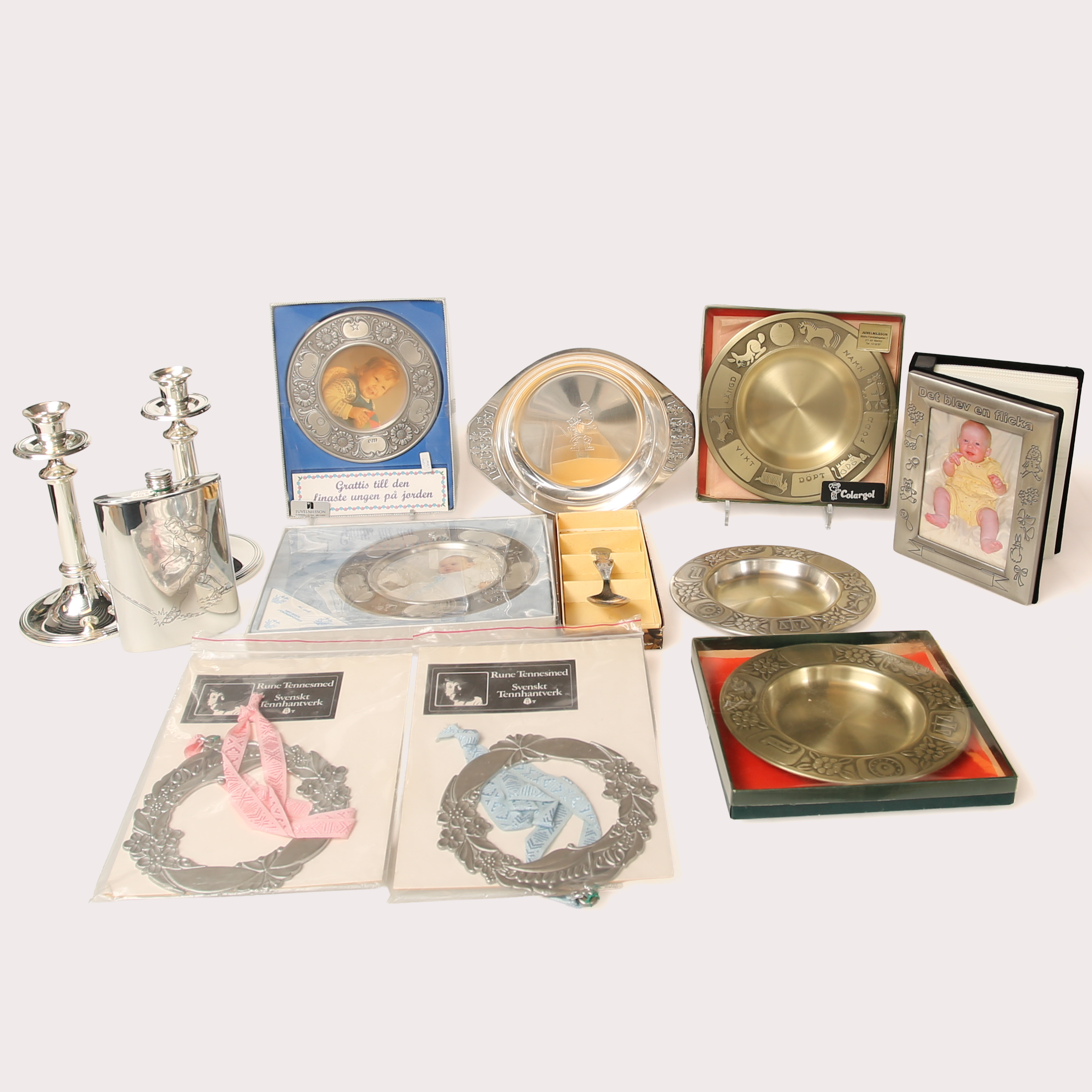 PARTI LJUSSTAKAR, DOPPRESENTER , tenn/nysilver, nytt i kartong, 13 delar.