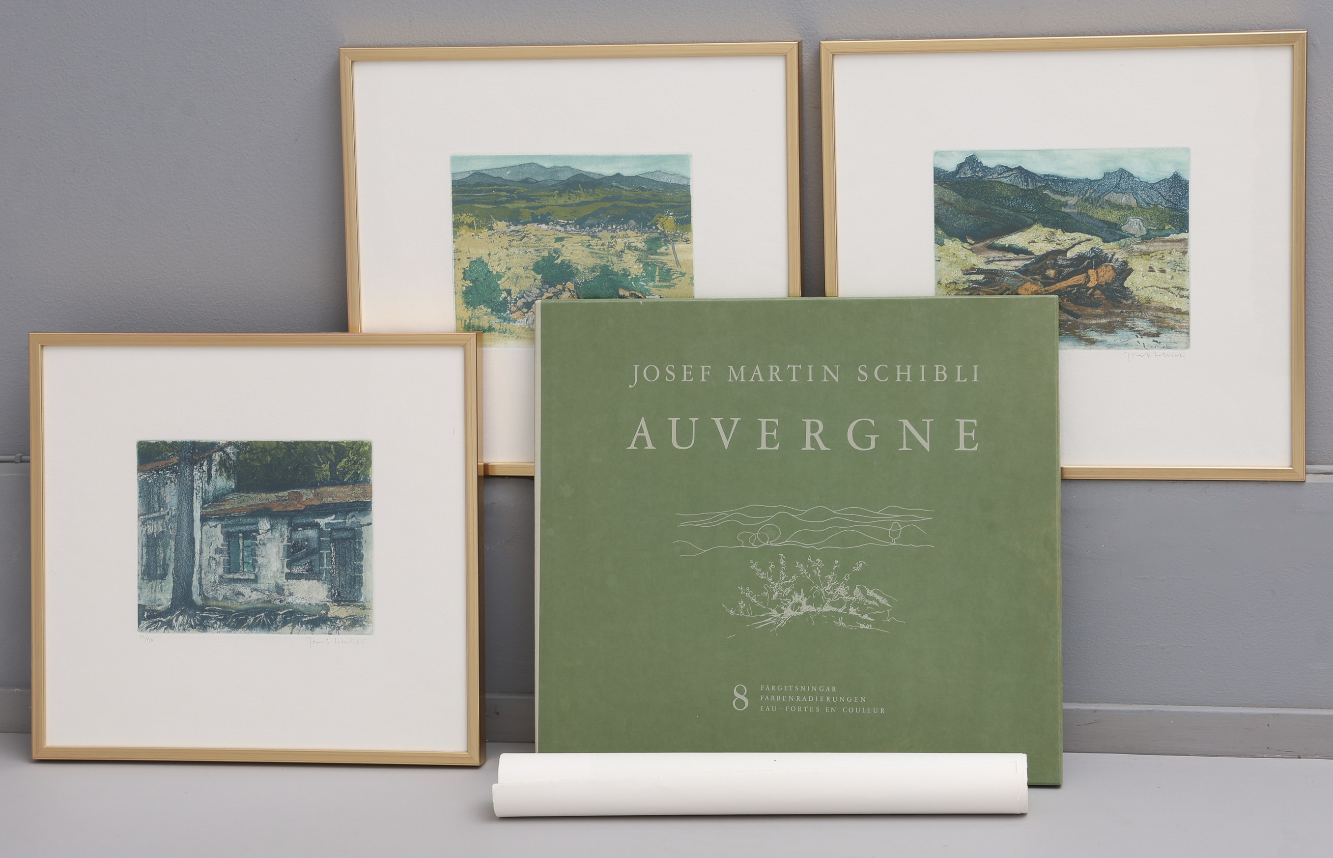 JOSEF M SCHIBLI 1925-2019. 5+1 ETSNINGAR, "AUVERGNE" OCH "MARSSKYMNING ÖVER CALMOUTIER"SIGNERAD OCH NUMRERADE 52/90 RESP. 7/75.