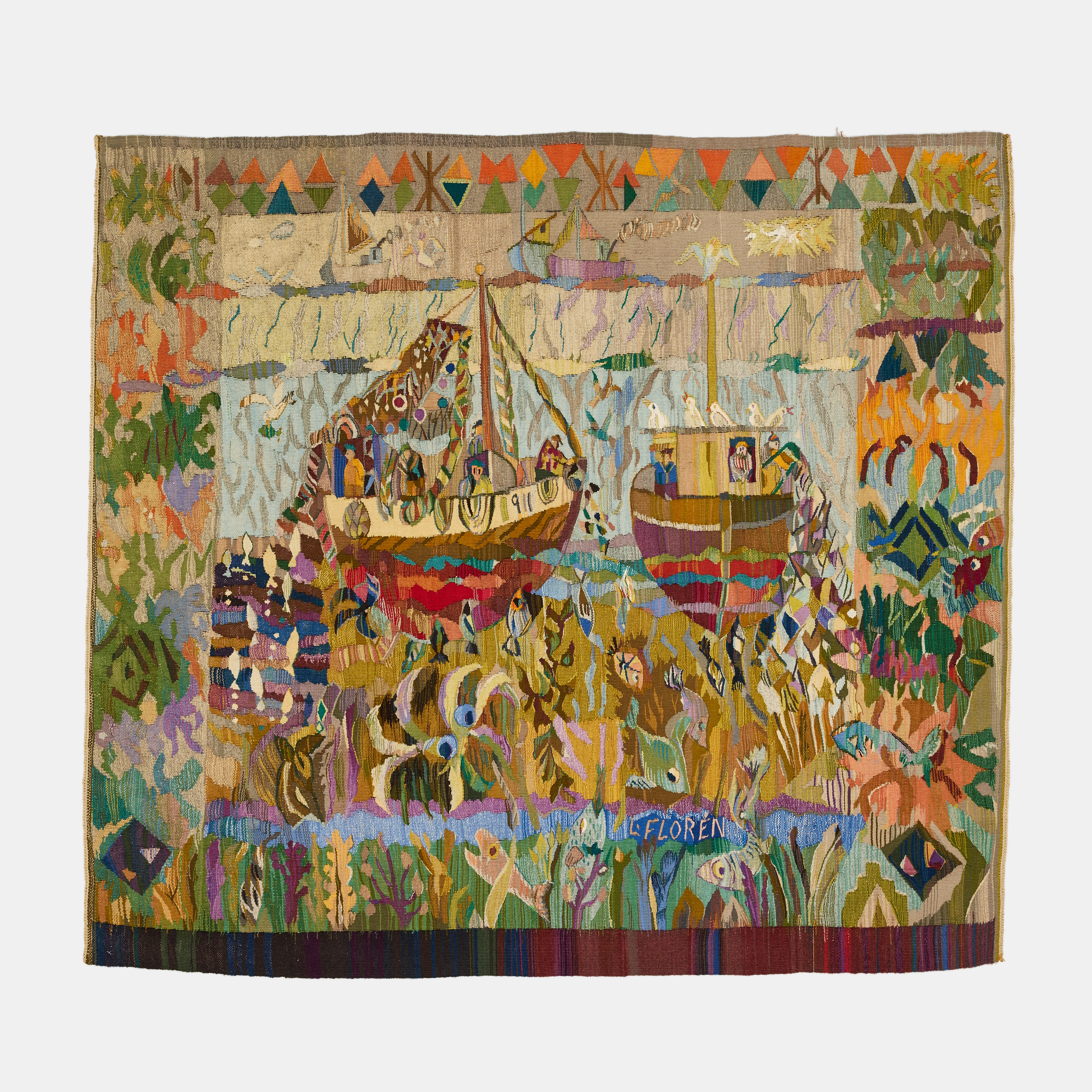 LARS FLORÉN. Fiskebåtar, vävd tapet, gobelängteknik, signerad L. FLORÉN, ca. 130,5 x 143,5 cm.
