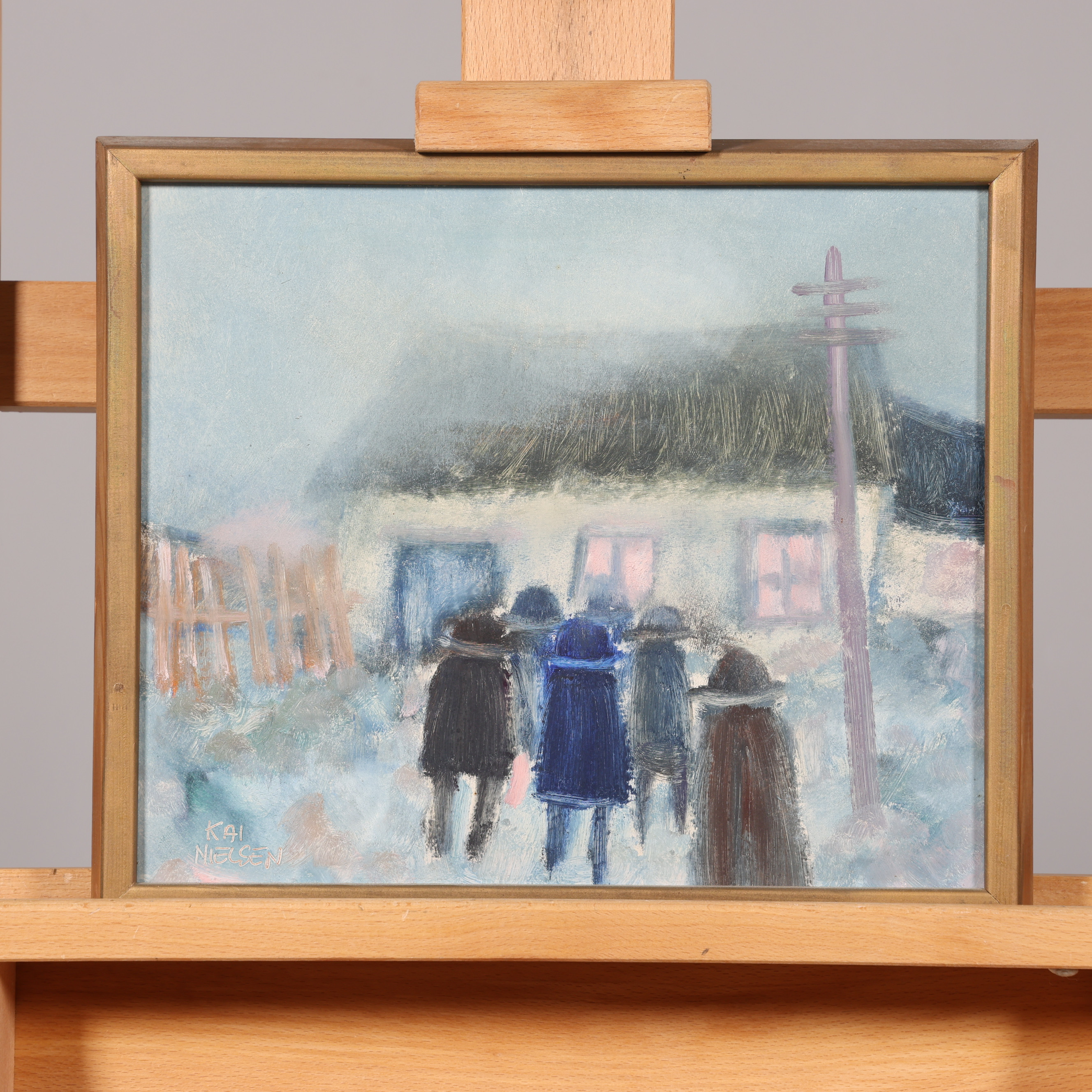 KAI NIELSEN. OLJA PÅ PANNÅ, "kalas på landet", signerad.
