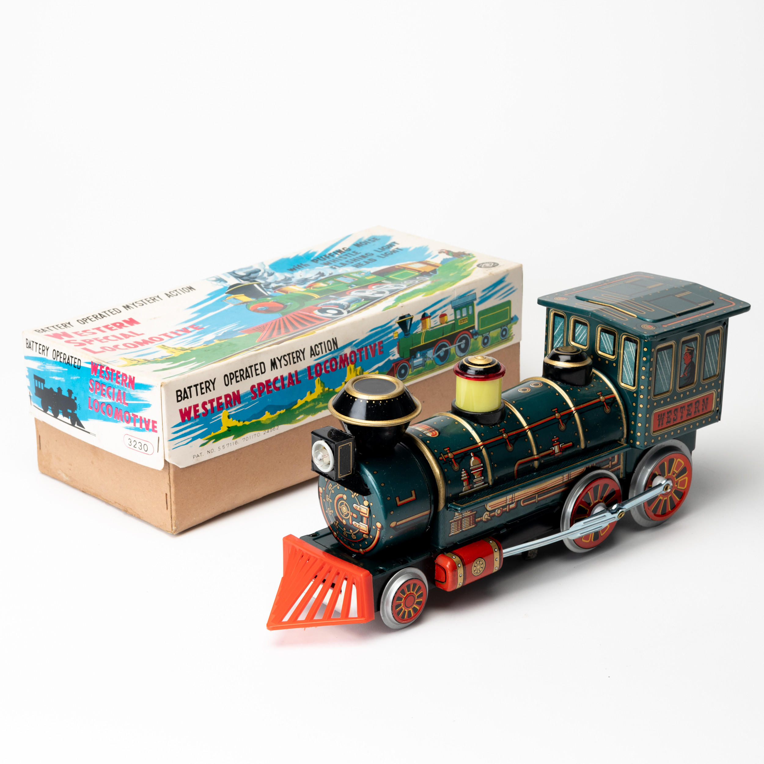 MODERN TOYS, Tåglok, batteri, plåt, Japan, originalkartong.