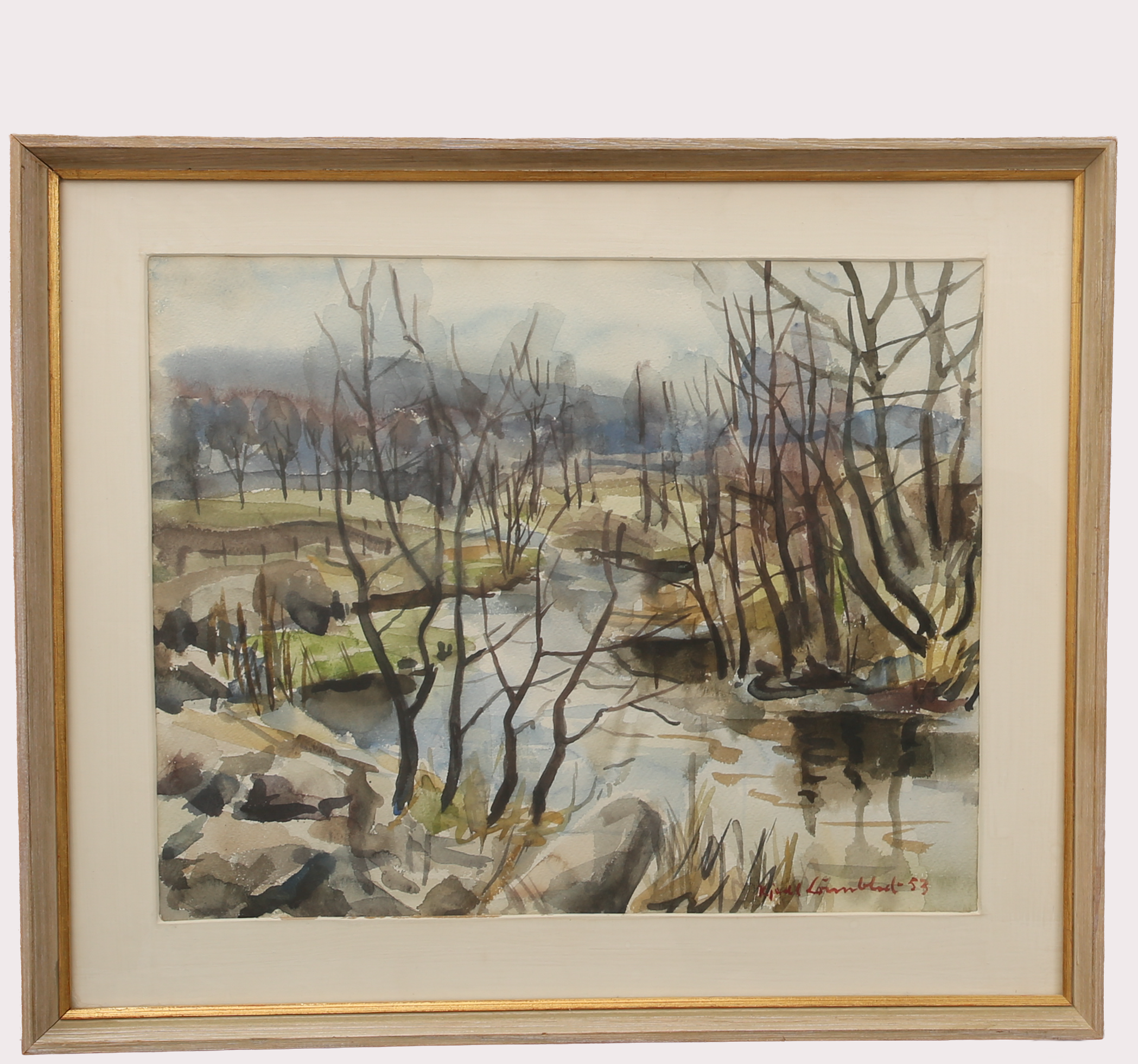 KJELL LÖNNBLAD, akvarell, vass vid flodkant, signerad, daterad -53.
