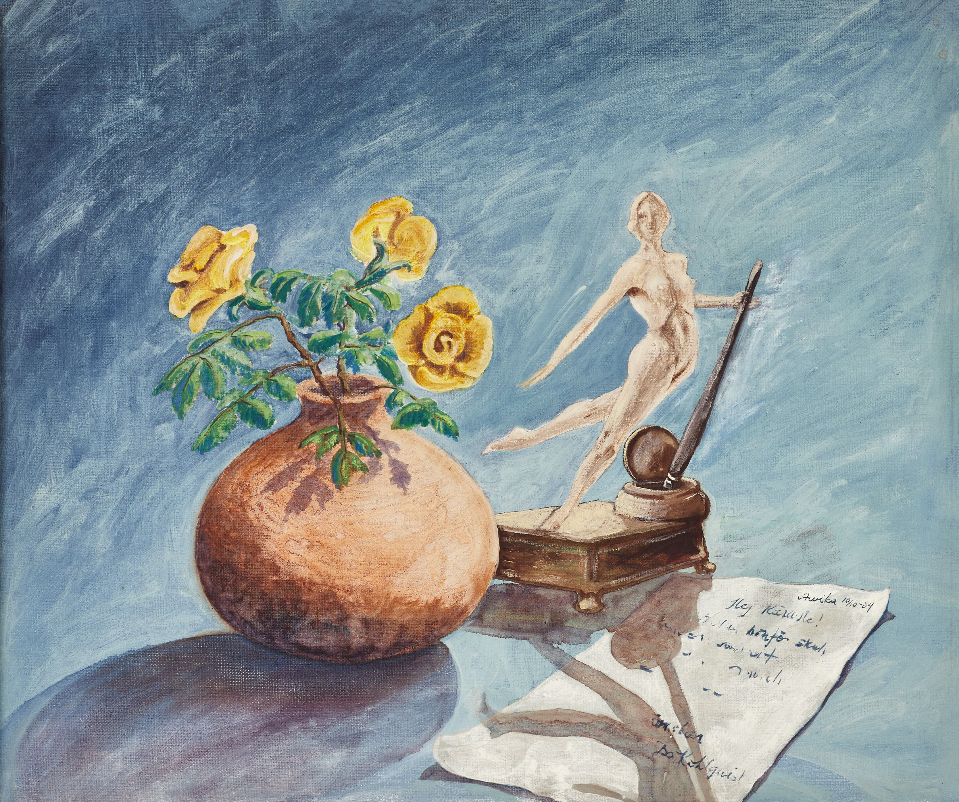 BO KÖHLQVIST. Stilleben i skrivande stund, signerad i måleriet och daterad Arvika 10/10-84, olja på duk.