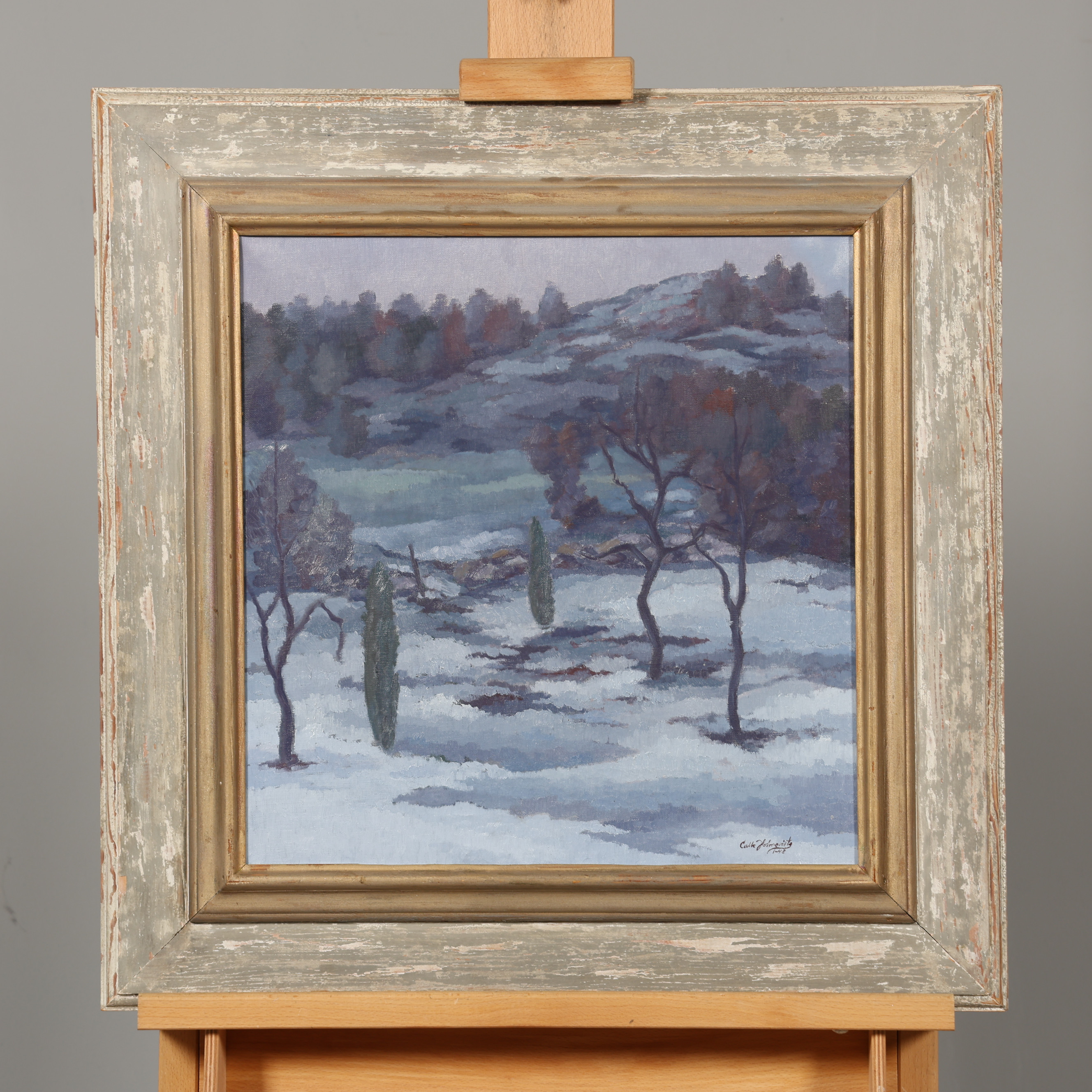 CALLE HOLMQVIST. OLJA PÅ DUK, "Vinterlandskap", signerad samt daterad 1948.