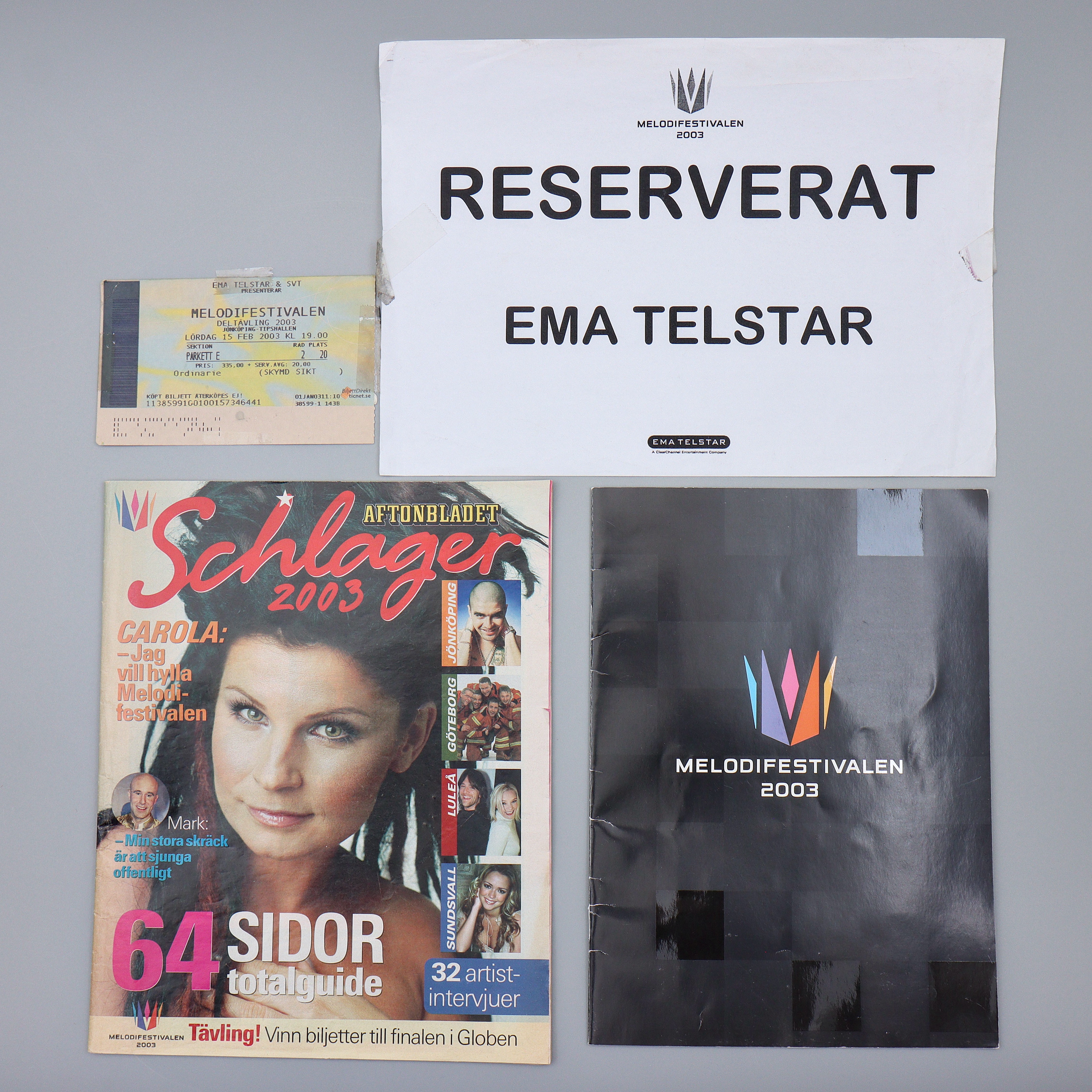 BILJETT MELODIFESTIVALEN 2003, PROGRAMHÄFTE OCH AFTONBLADET SCHLAGER 2003.