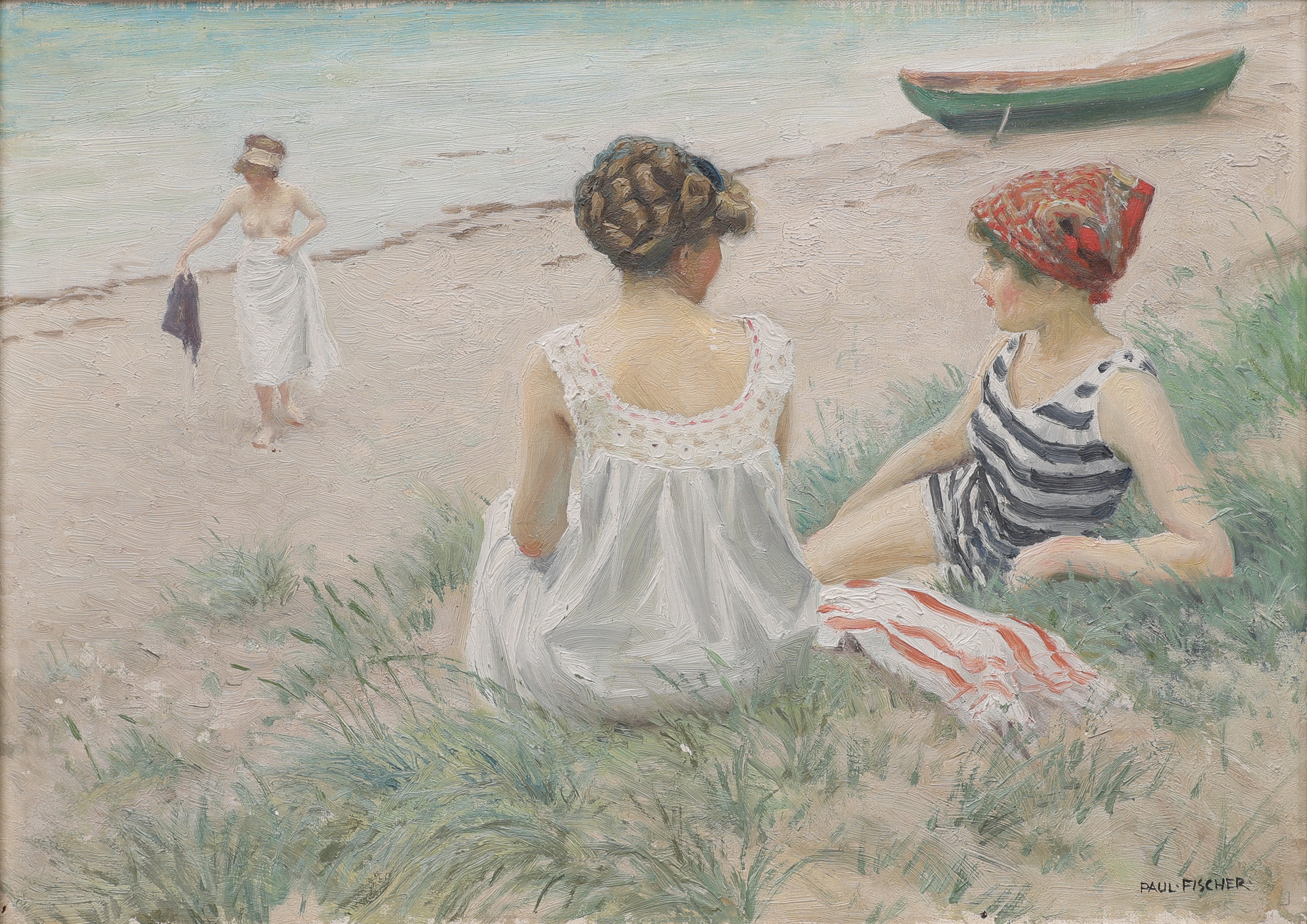 PAUL FISCHER 1860-1934. Olja på duk, Kvinnor på badstrand, signerad.