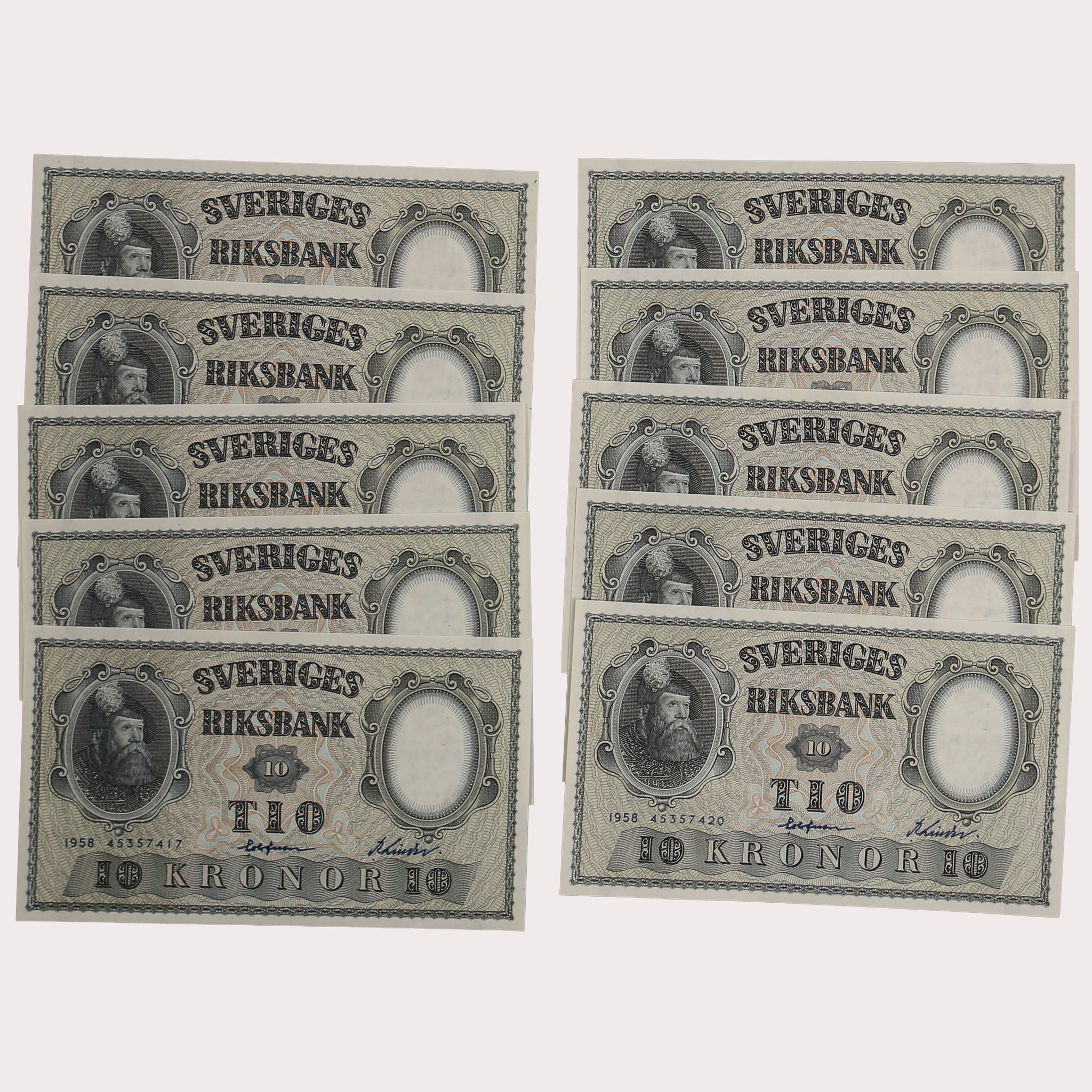 SEDLAR, 10 kronor, 10 stycken i nummerföljd, 1958, Sverige.