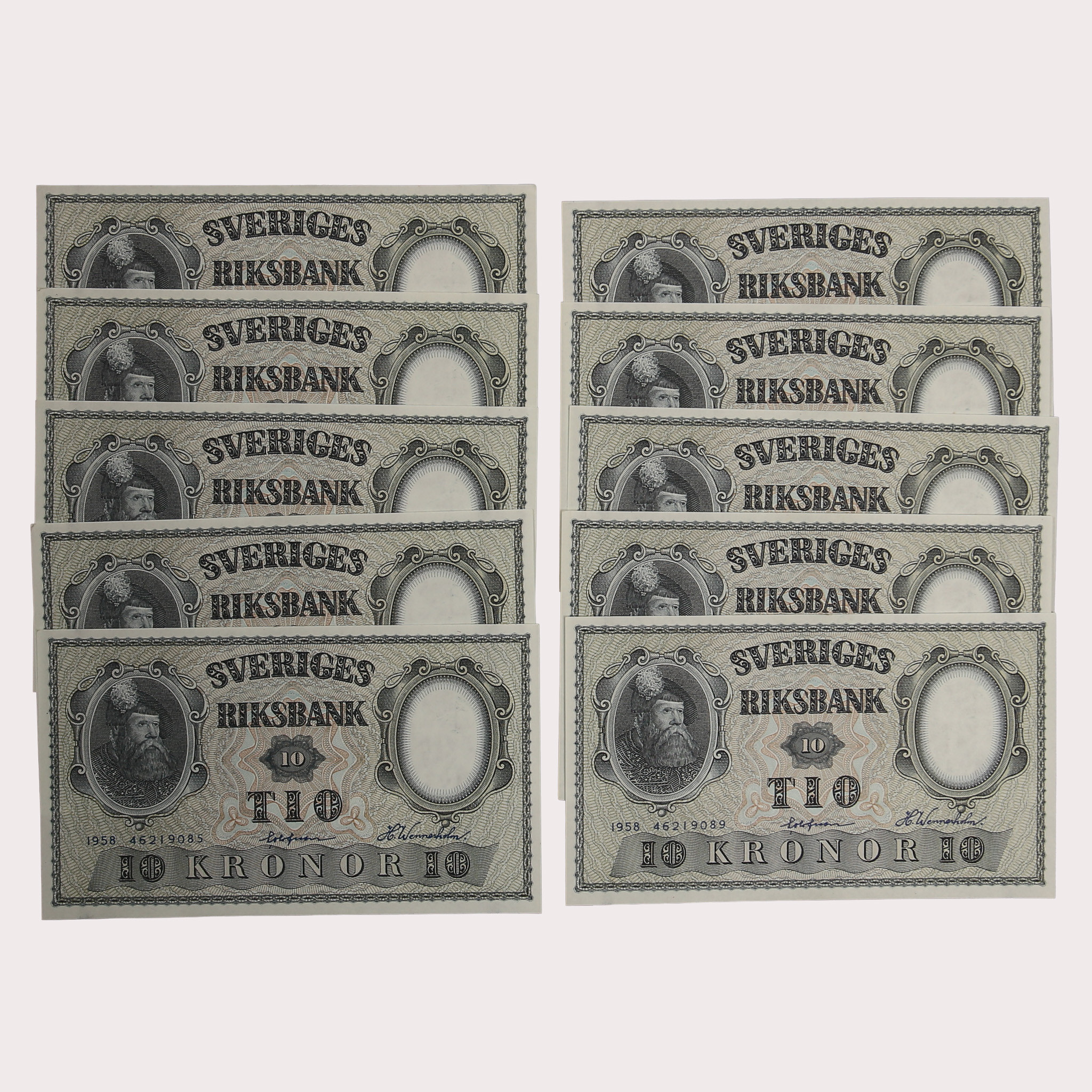 SEDLAR, 10 kronor, 10 stycken i nummerföljd, 1958, Sverige.