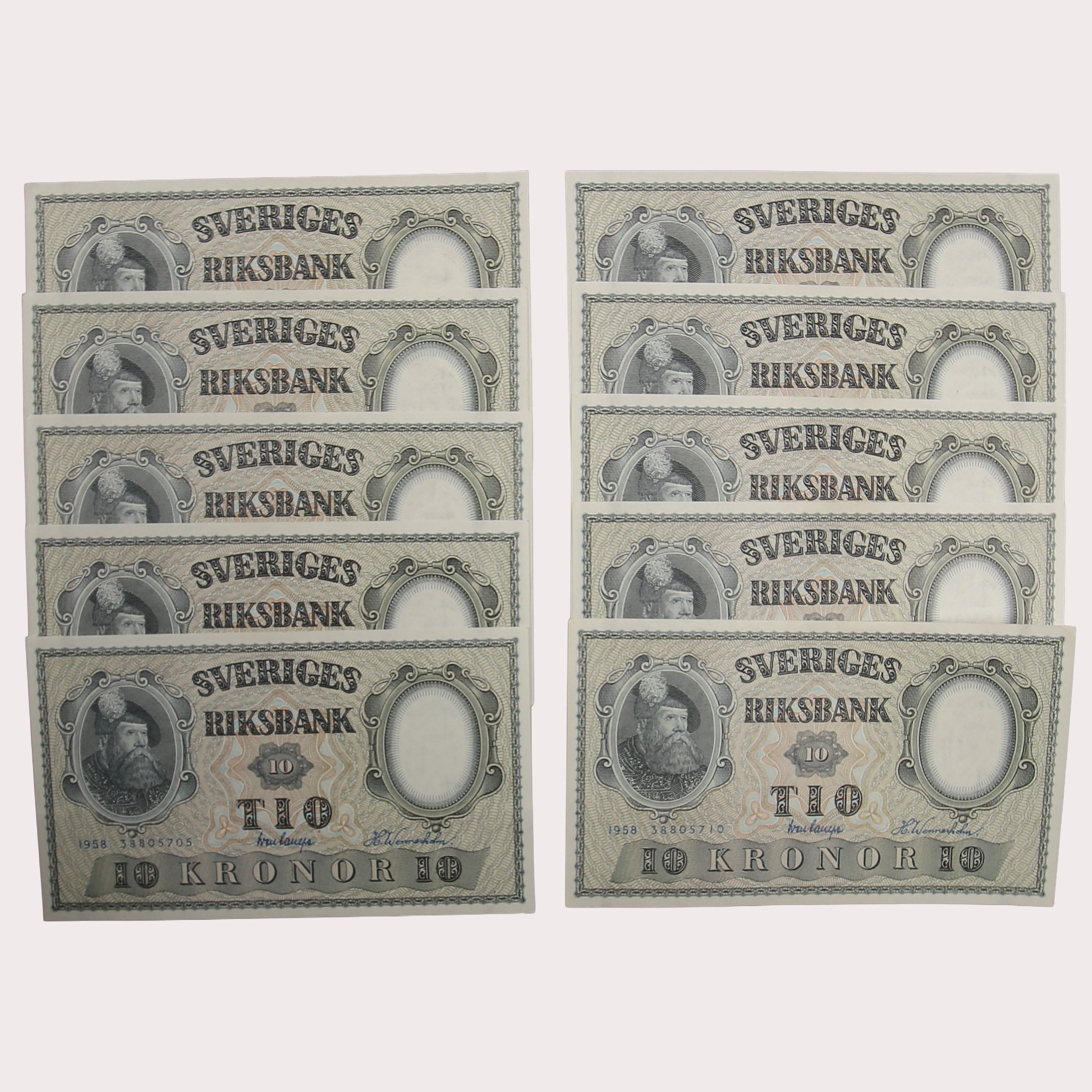 SEDLAR, 10 kronor, 10 stycken i nummerföljd, 1958, Sverige.