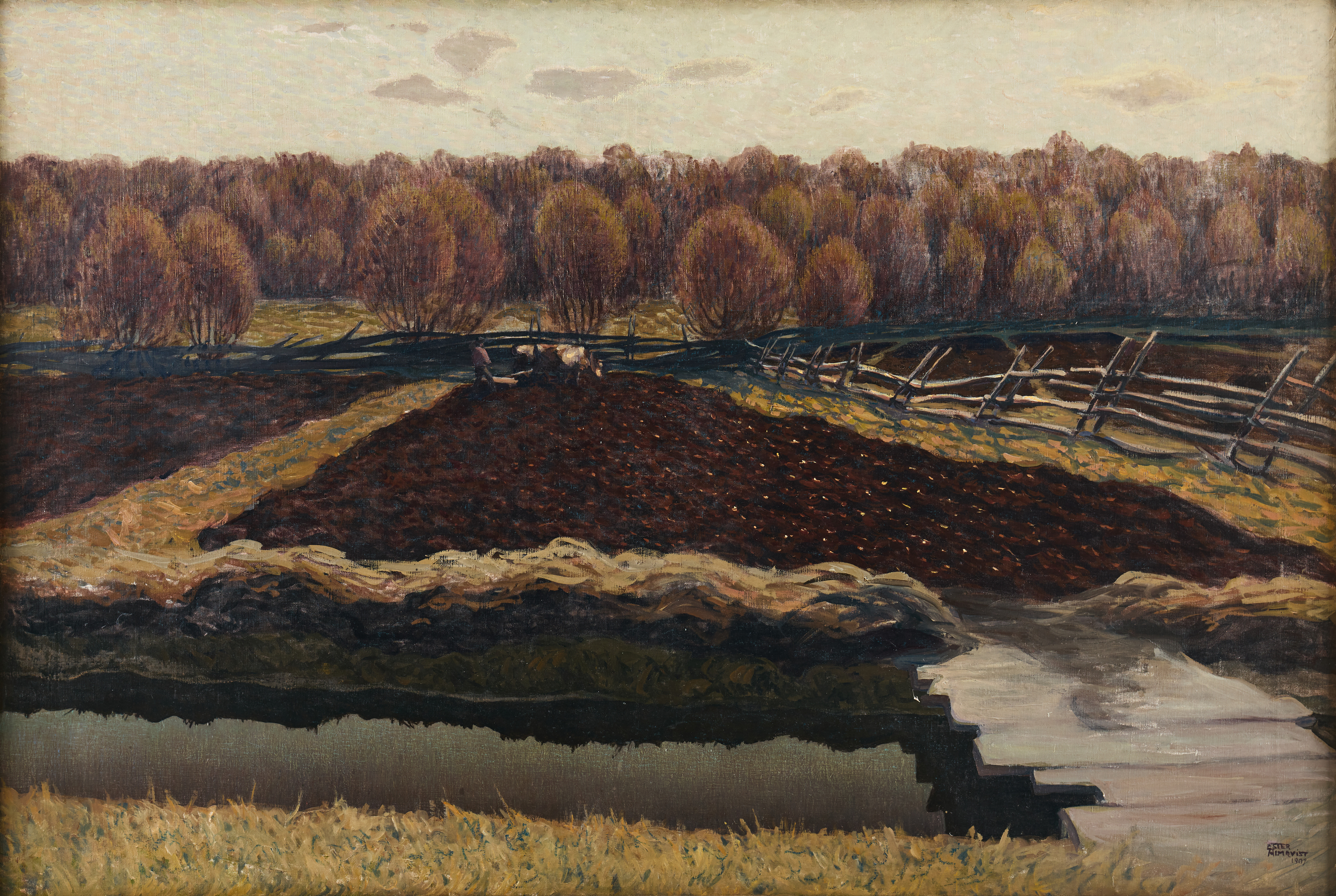 ESTER ALMQVIST. Landskap med plöjande kor.