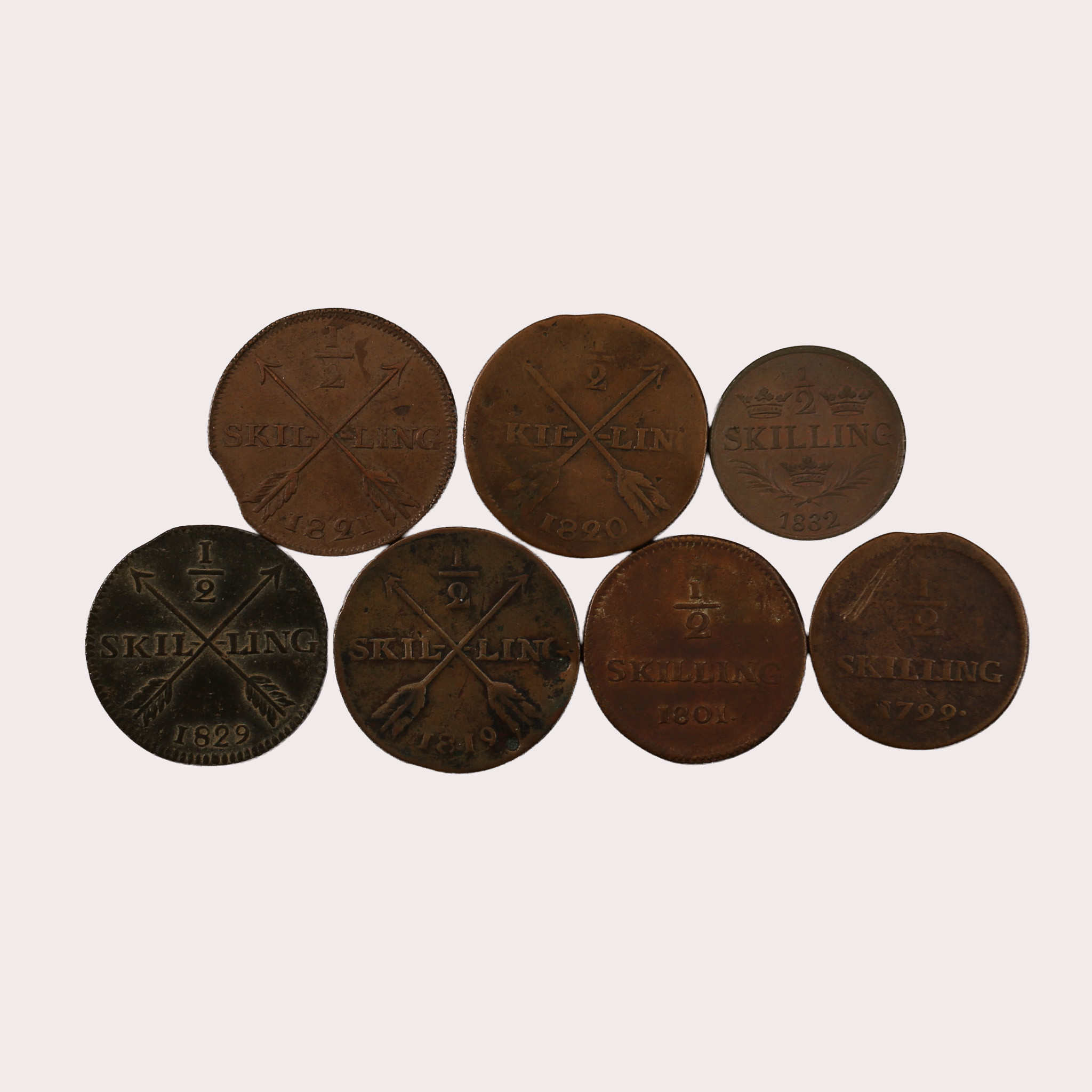 MYNT, koppar, 1/2 skilling, 7 stycken, Sverige, 1700-1800-tal.