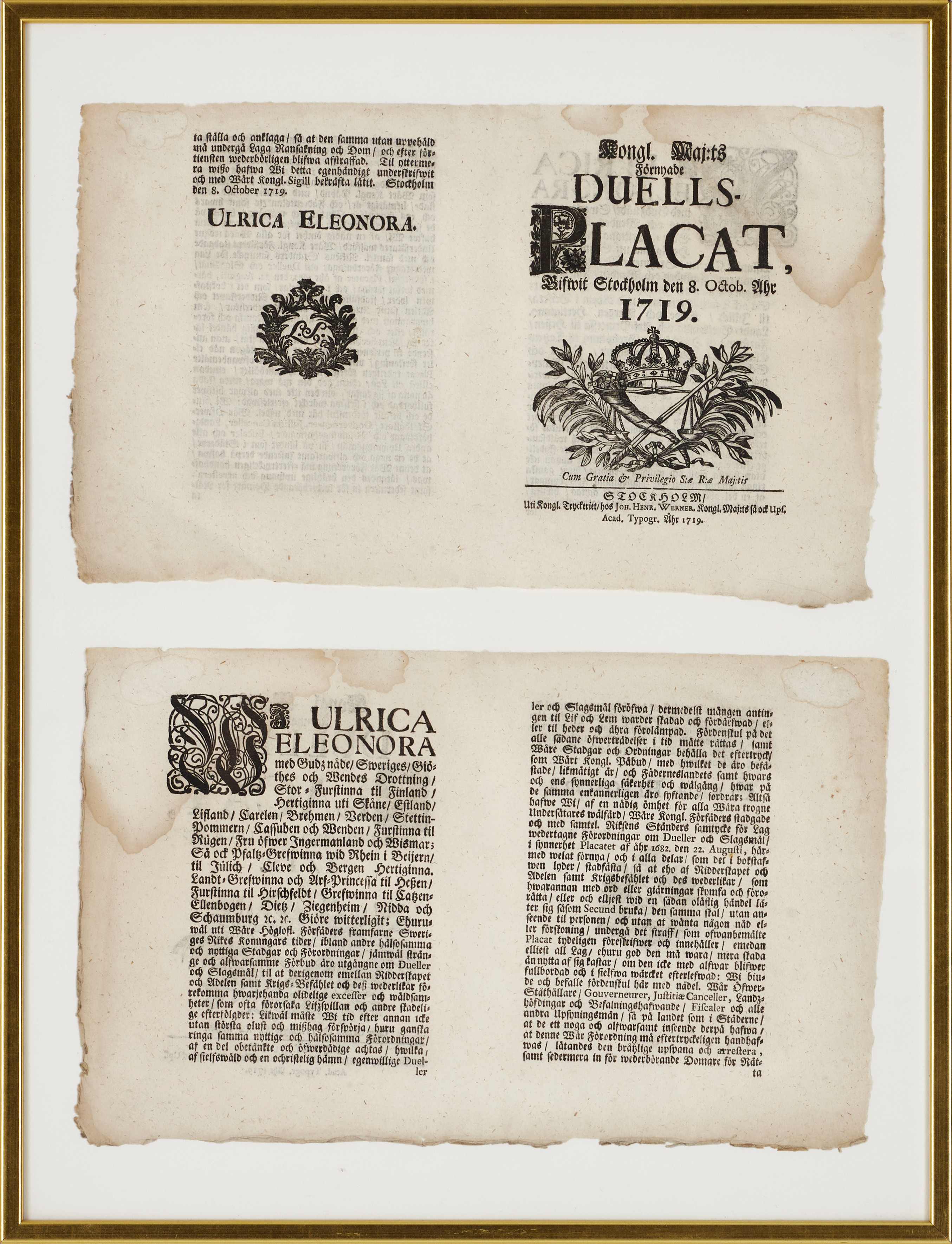 DUELLS-PLAKAT, Kongl. Maj:ts, gifwit Stockholm den 8 octob. åhr 1719. 4-sidigt.