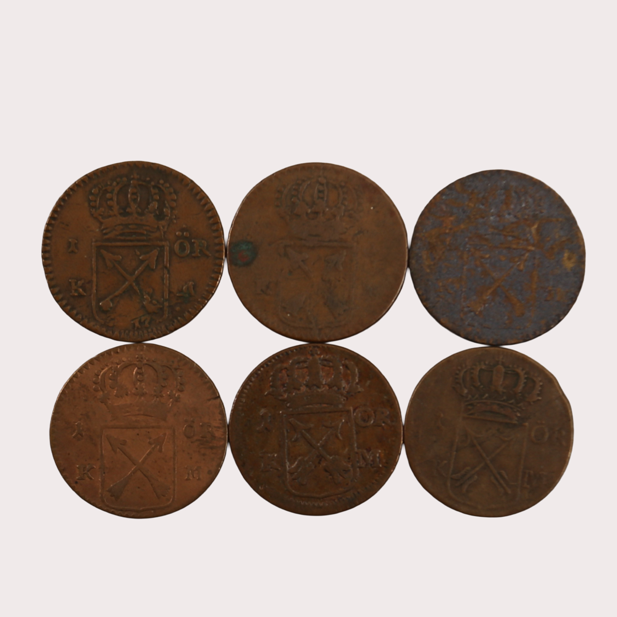 MYNT, koppar, 1 öre, 6 stycken, Sverige, 1700-tal.