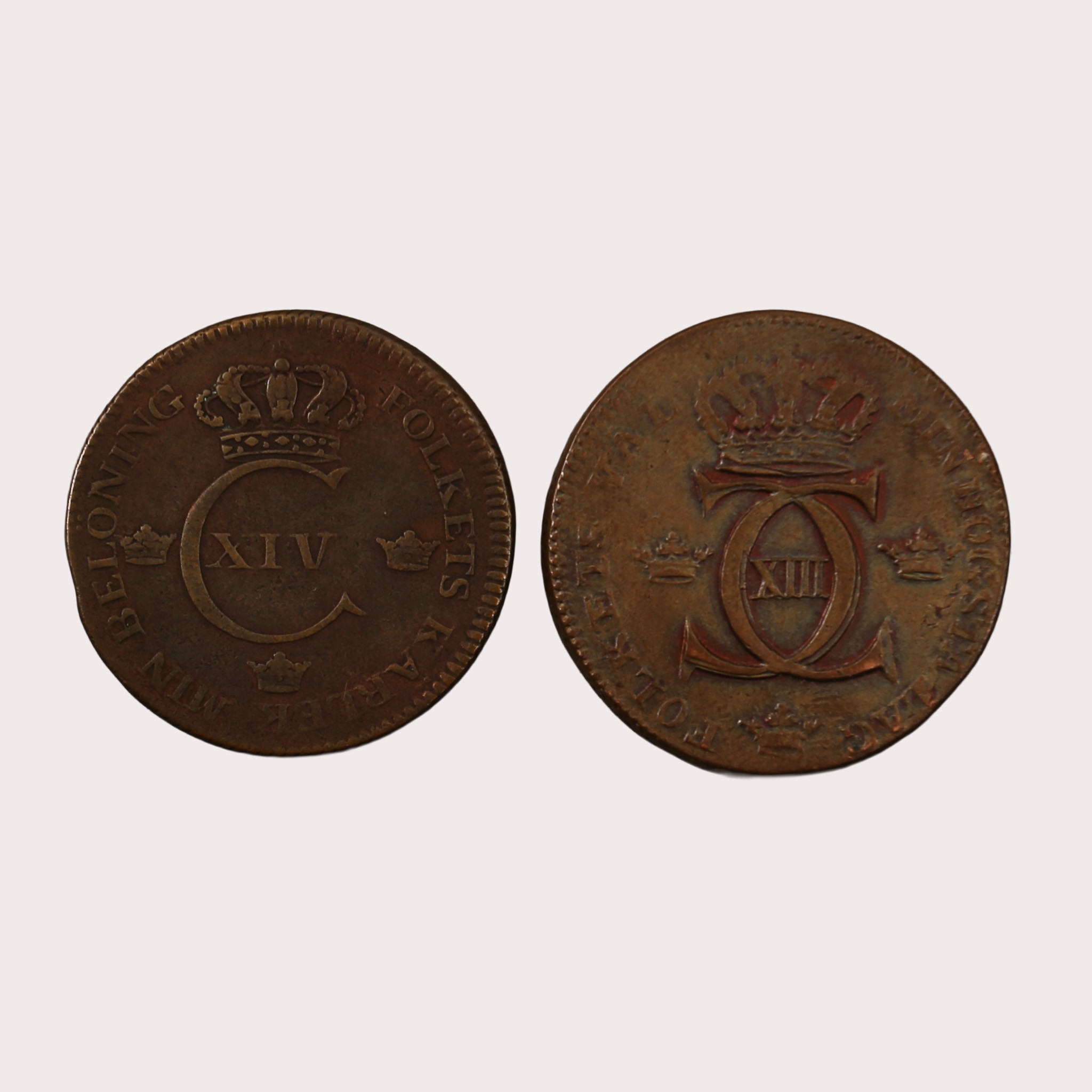 MYNT, koppar, 1 skilling, 2 stycken, Sverige, 1800-tal.