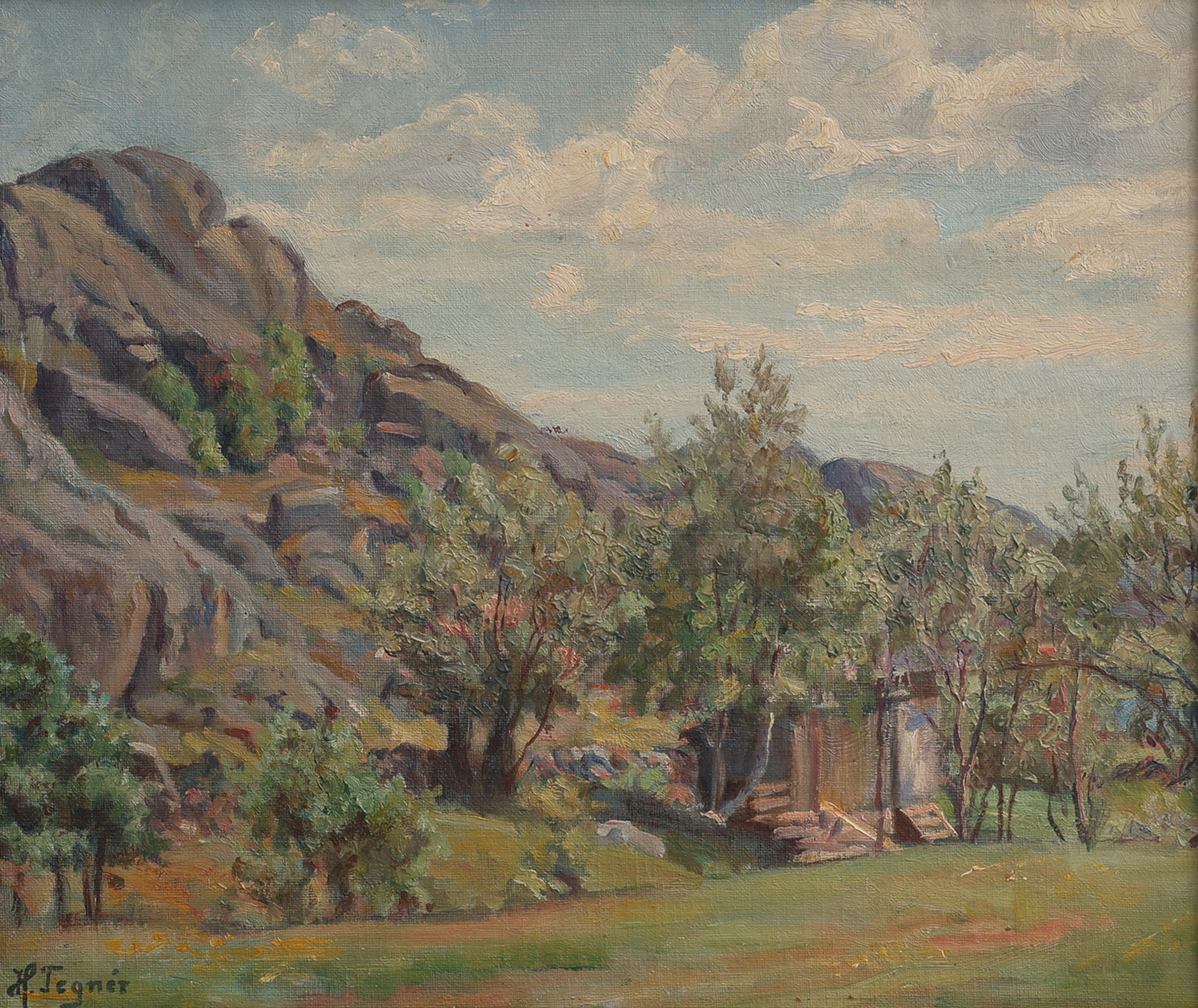 HEDVIG TEGNÉR. OLJA PÅ PANNÅ, LANDSKAP, SIGNERAD.