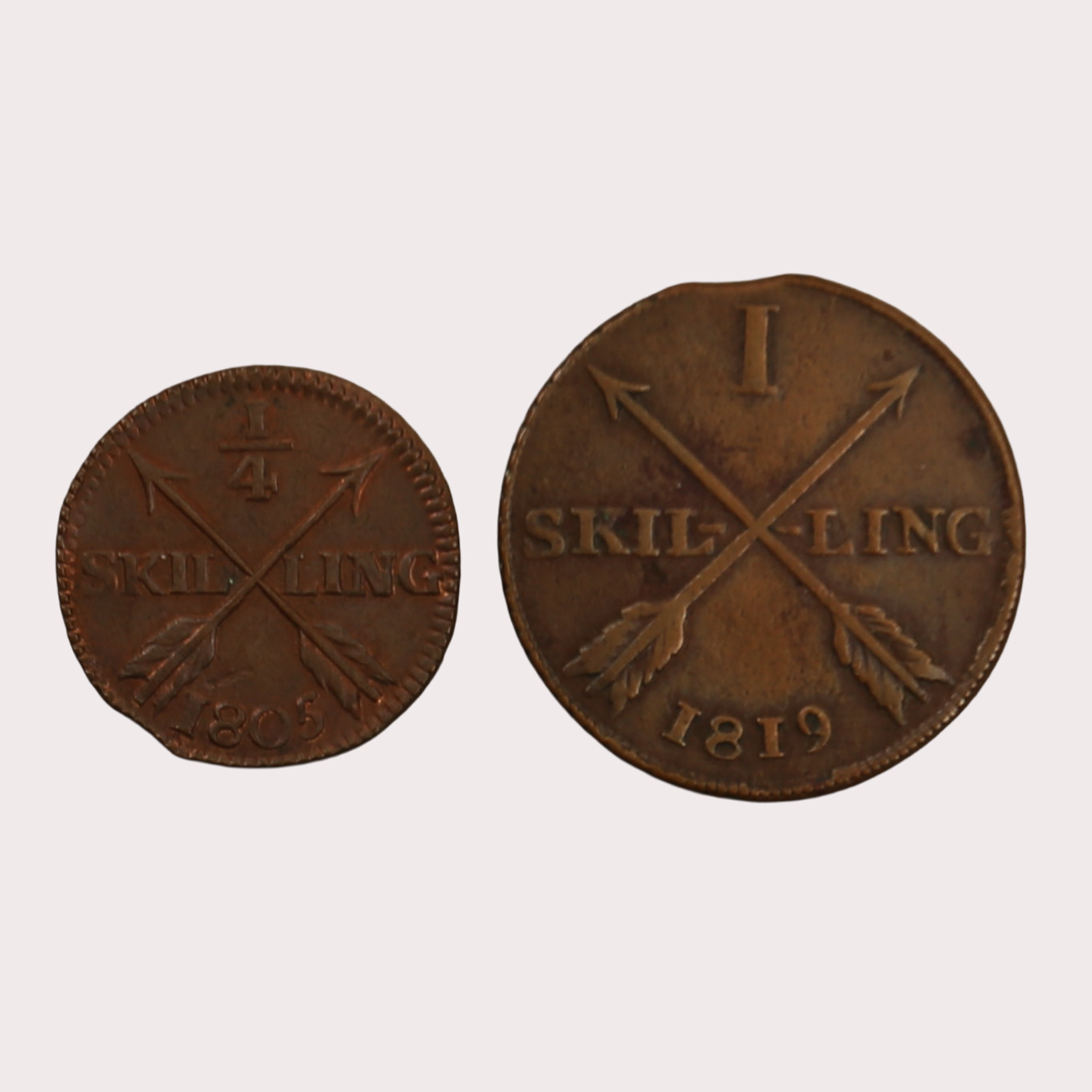 MYNT, koppar, skilling, 2 stycken, Sverige, 1800-tal.