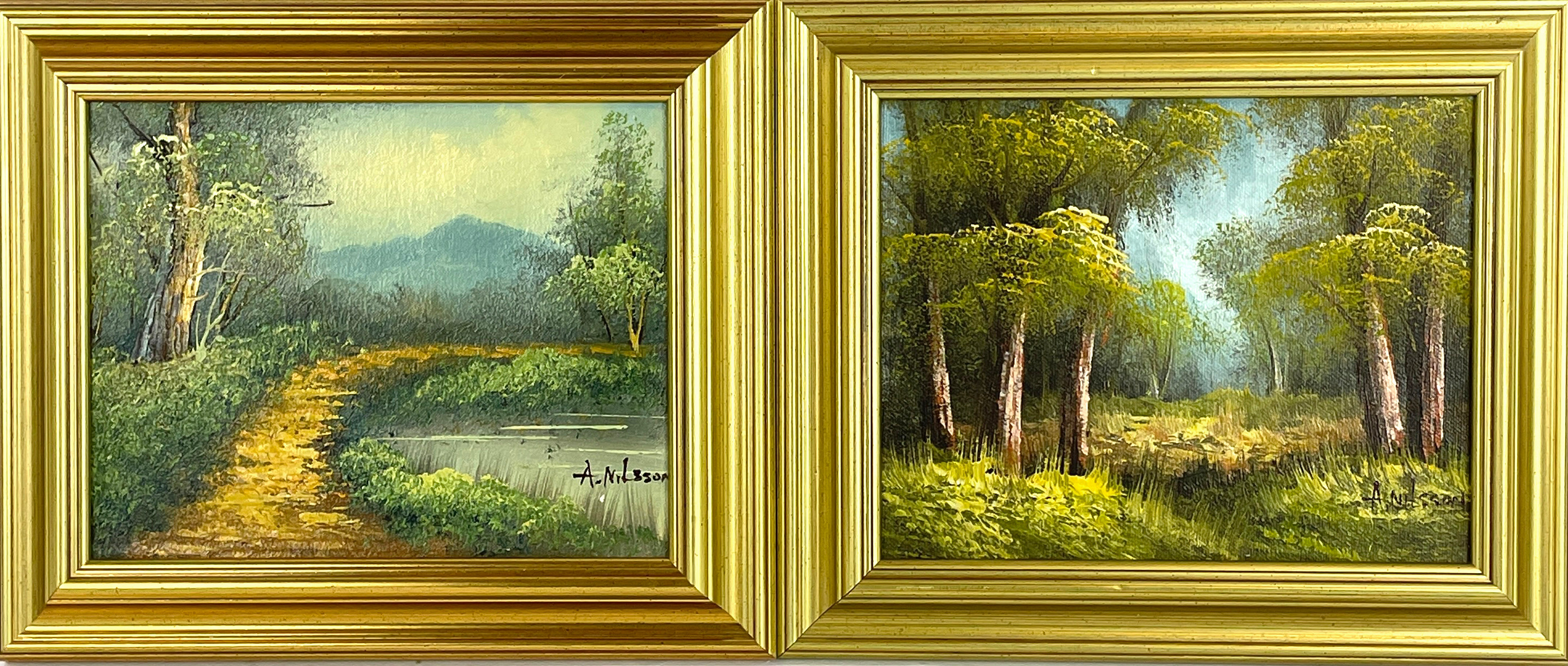 OIDENTIFIERAD KONSTNÄR. Olja på duk, 2 st, landskapsmotiv, signerade A. Nilsson.