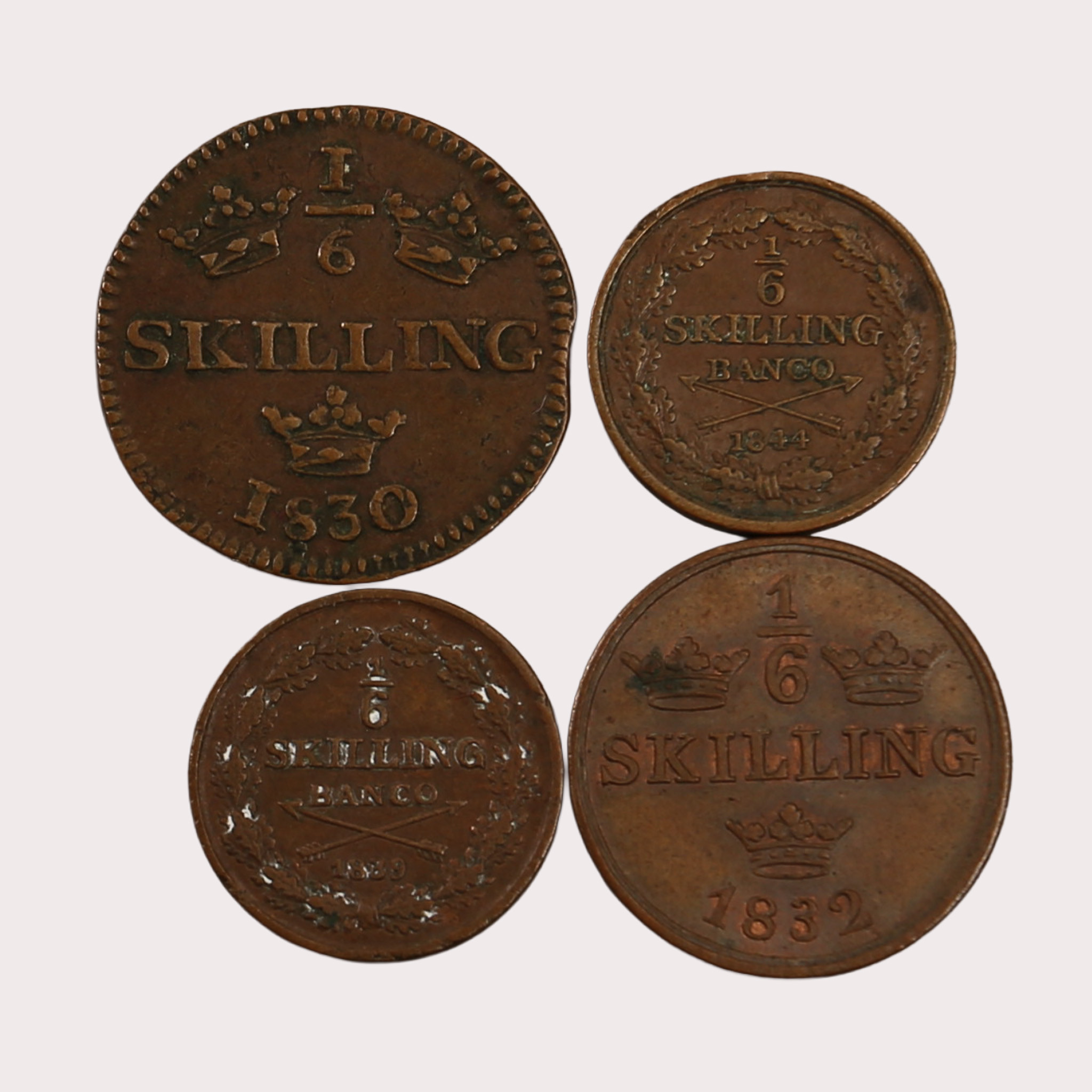 MYNT, koppar, 1/6 skilling, 4 stycken, Sverige, 1800-tal.