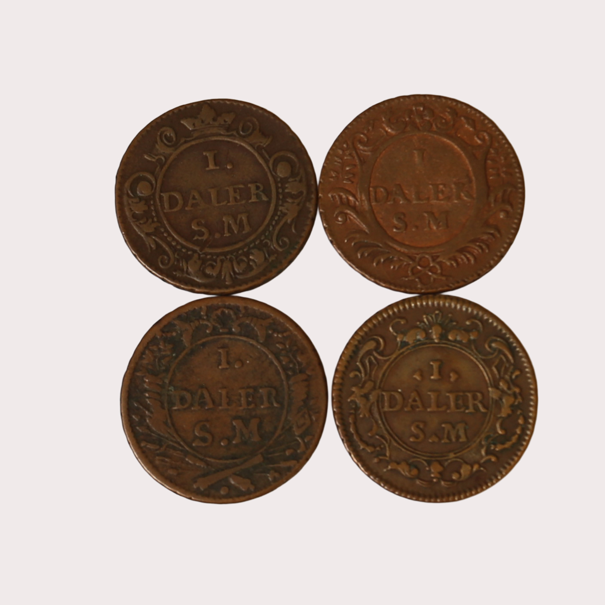 MYNT, koppar, 1 daler nödmynt, 4 stycken, Sverige, 1700-tal.