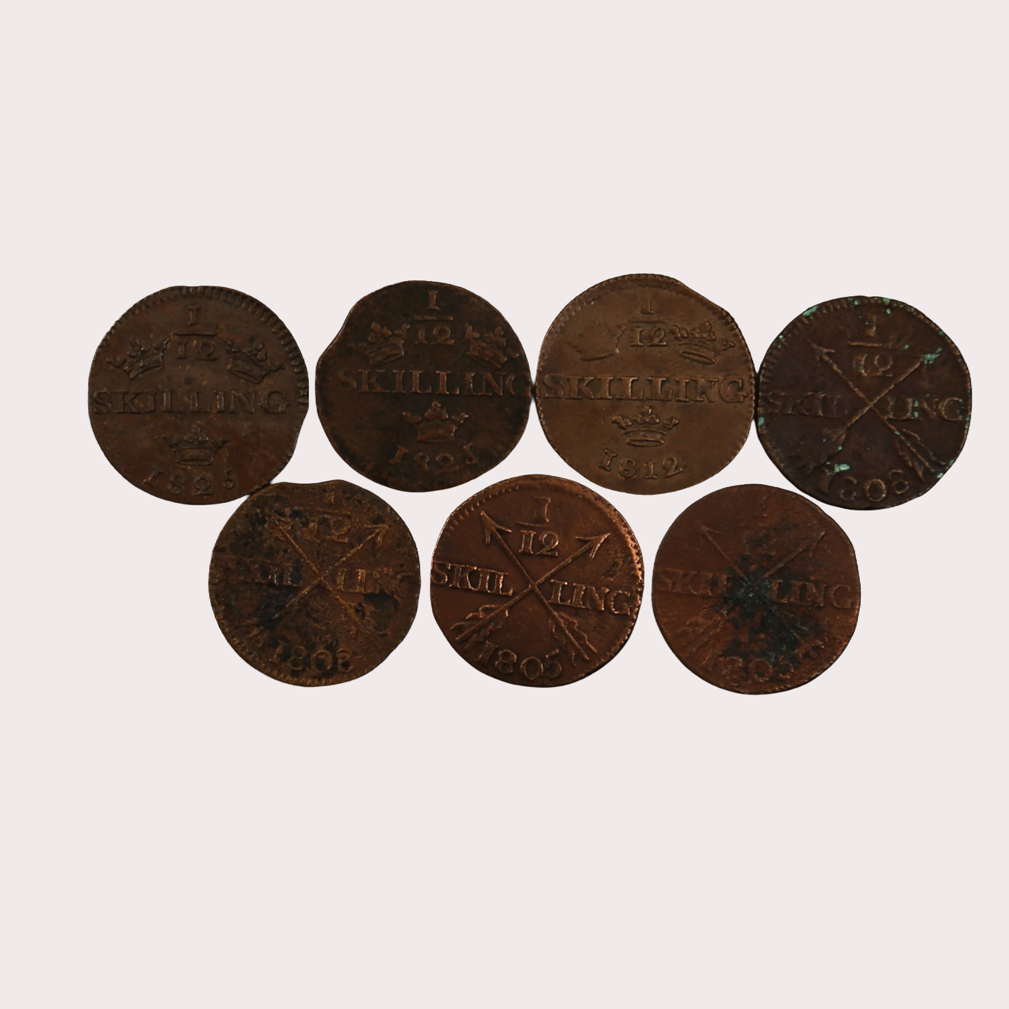 MYNT, koppar, 1/12 skilling, 7 stycken, Sverige, 1800-tal.