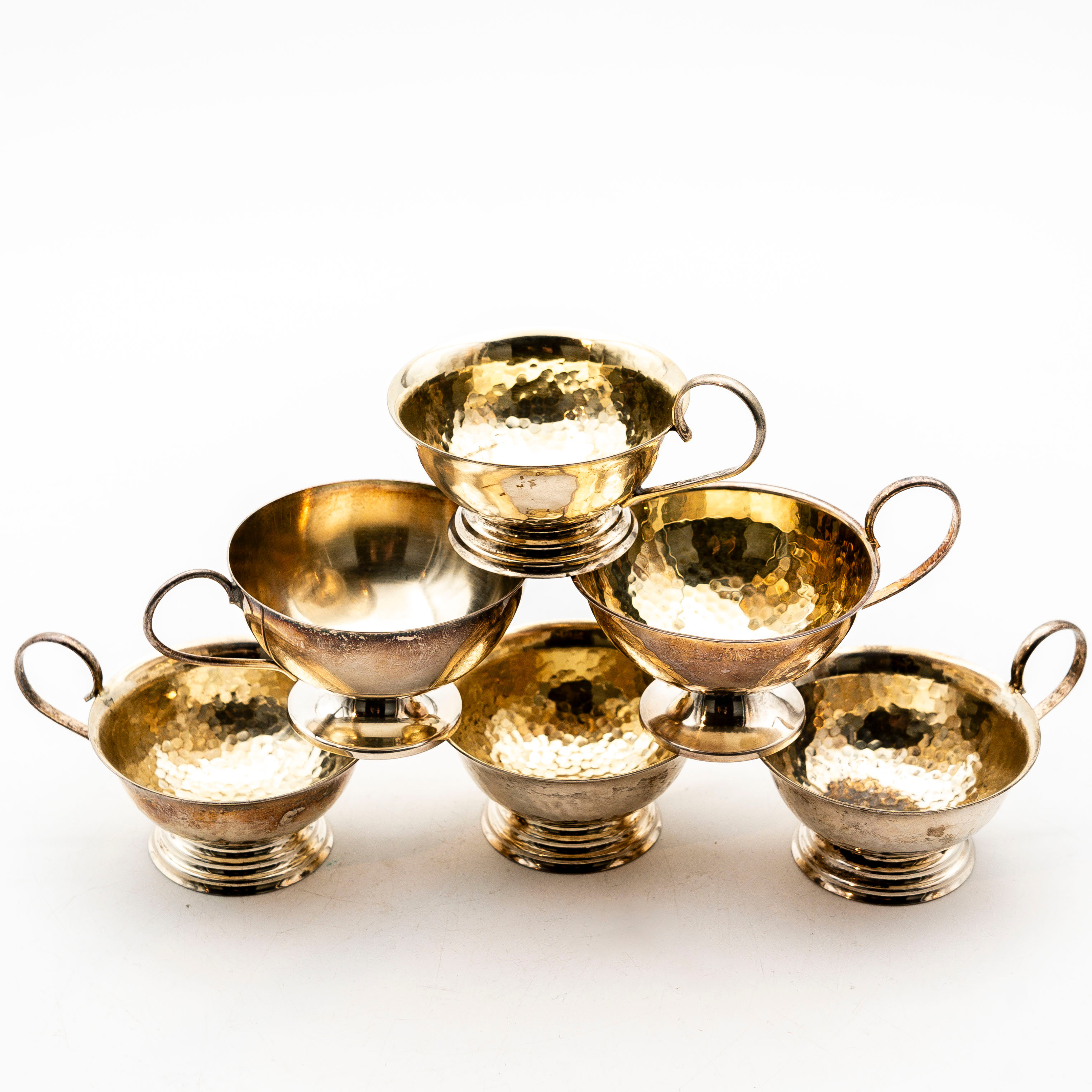 GAB. Supkoppar, Nysilver, 5 stycken hamrade & 2 st udda -1900-tal.