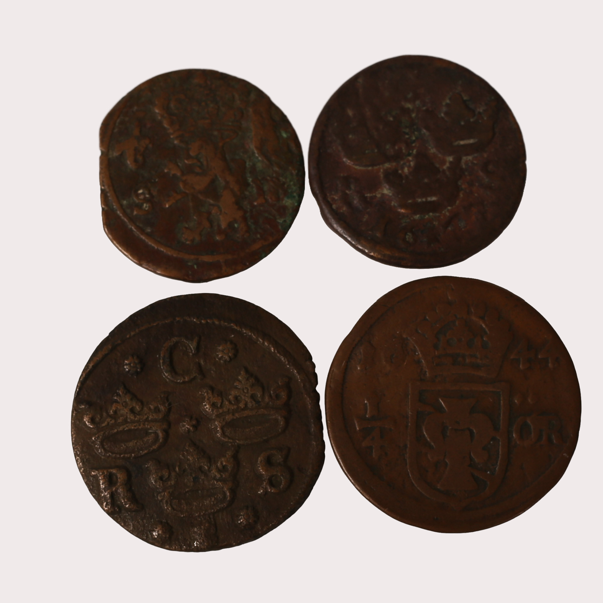 MYNT, koppar, 1/4 och 1/6 öre, 4 stycken, Sverige, 1600-tal.