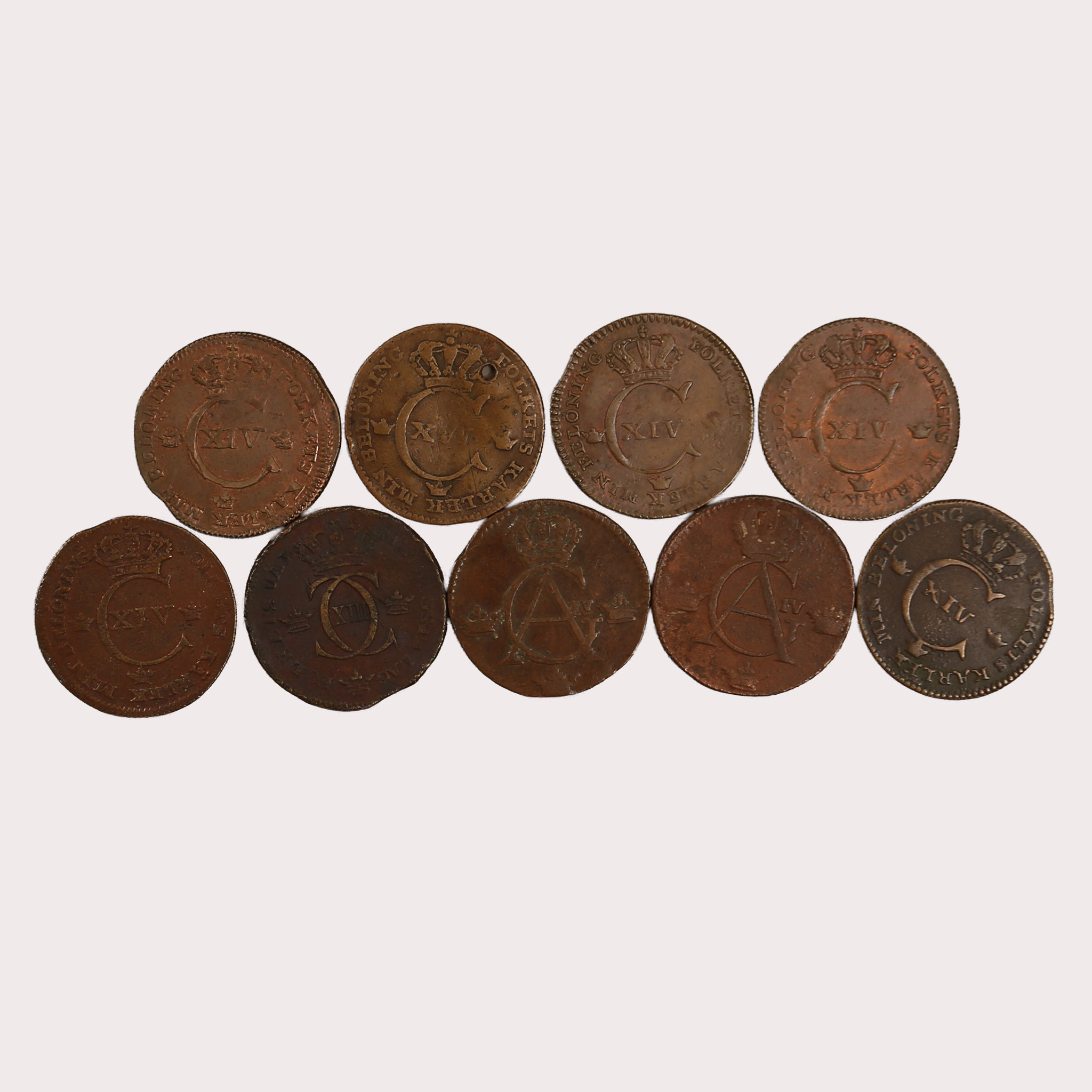 MYNT, koppar, 1/4skilling, 9 stycken, Sverige, 1800-tal.
