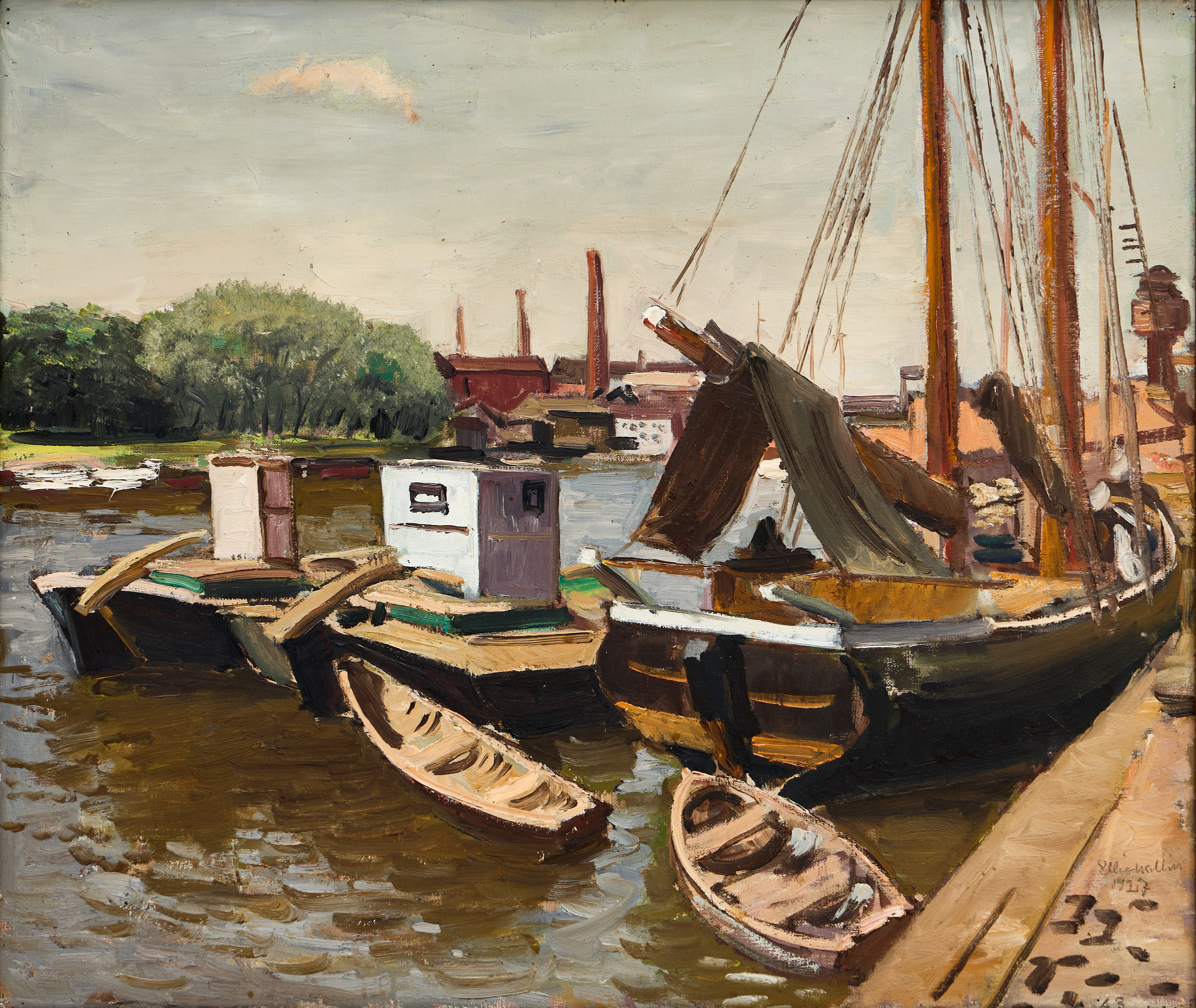 ELLIS WALLIN (1888-1972). Båtar vid brygga, möjligen Långholmen, signerad och daterad 1917, olja på duk.