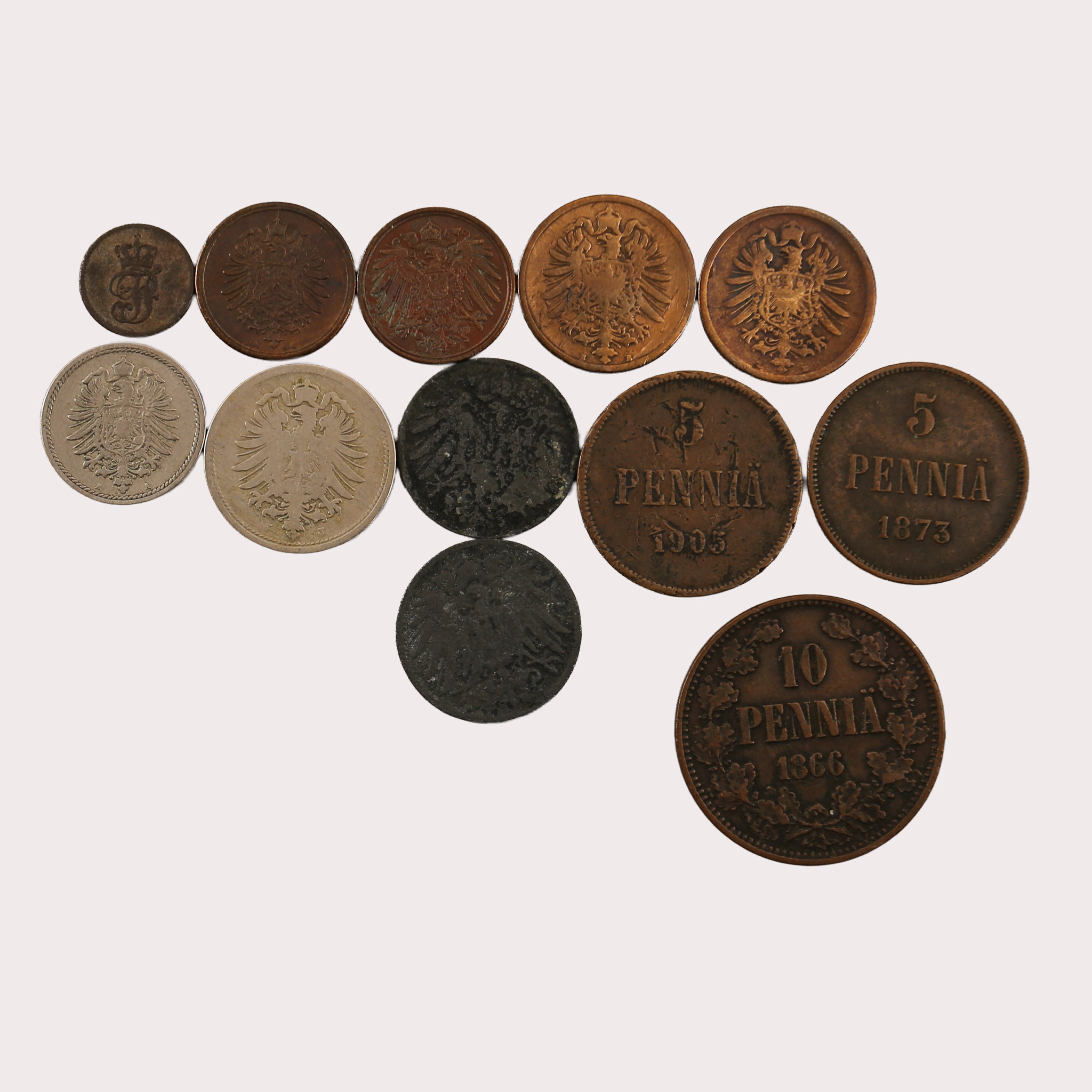 MYNT, koppar, pfennig och penniä, 12 stycken, Tyskland och Finland, 1800-1900-tal.