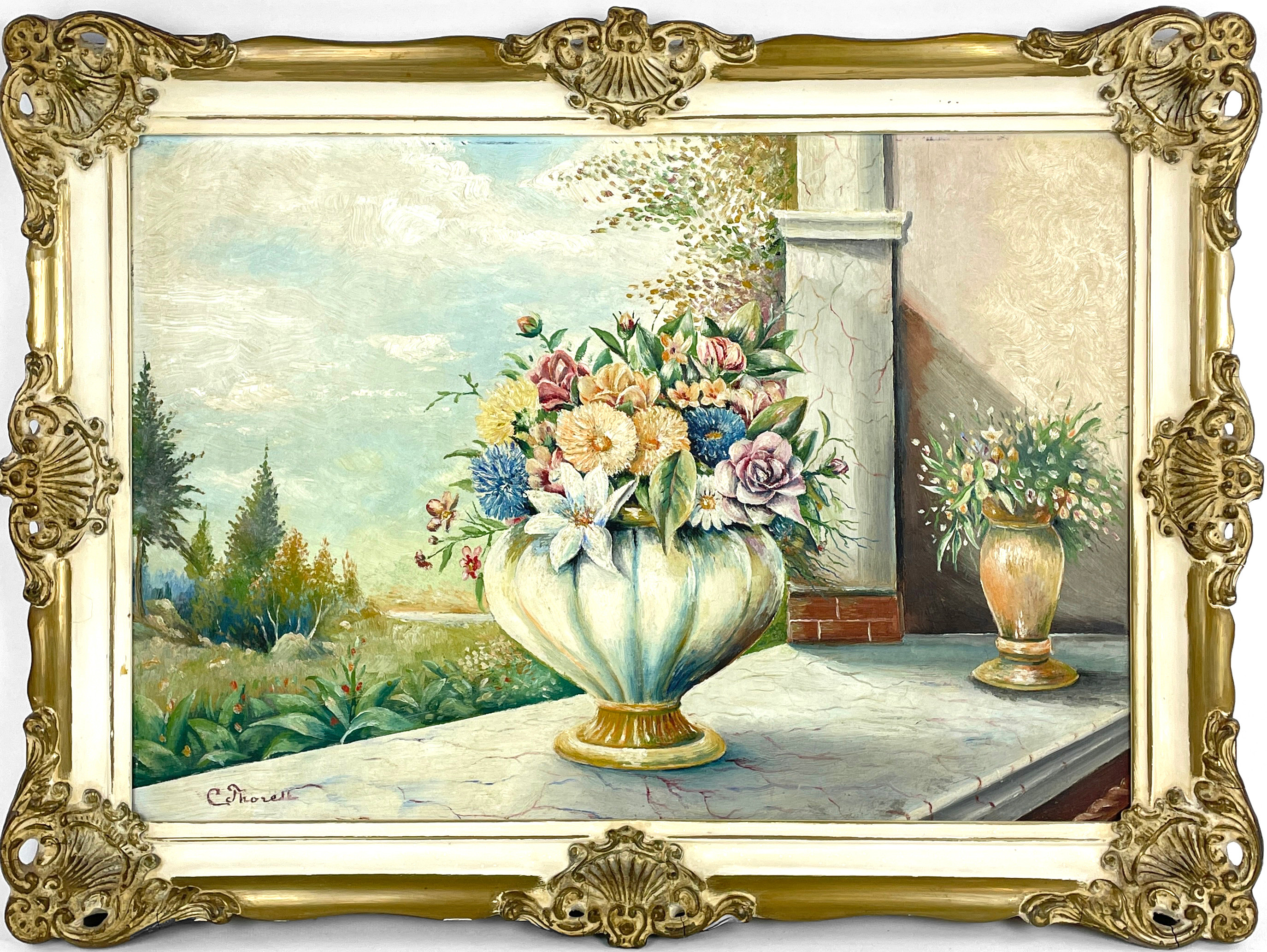 OIDENTIFIERAD KONSTNÄR. Blomsterstilleben, olja på pannå, signerad C. Thorell.