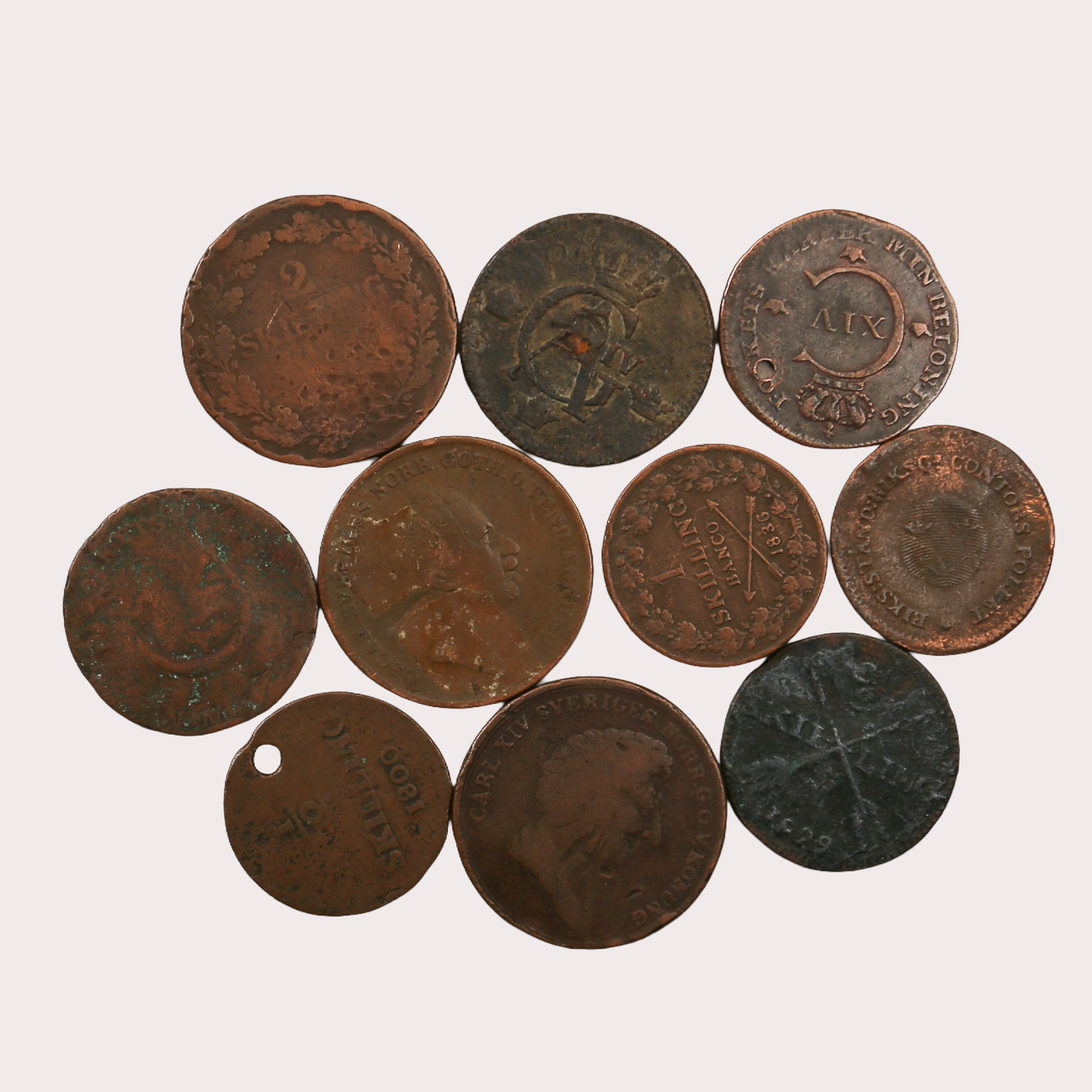 MYNT, koppar, skilling, 10 stycken, Sverige, 1800-tal.