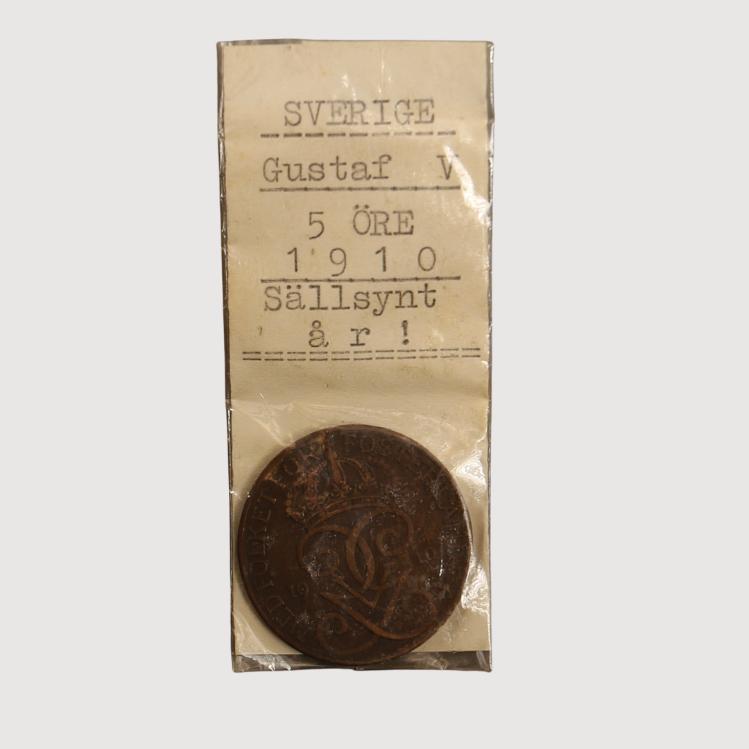 MYNT, koppar, 5 öre, Gustav V, Sverige, 1910.