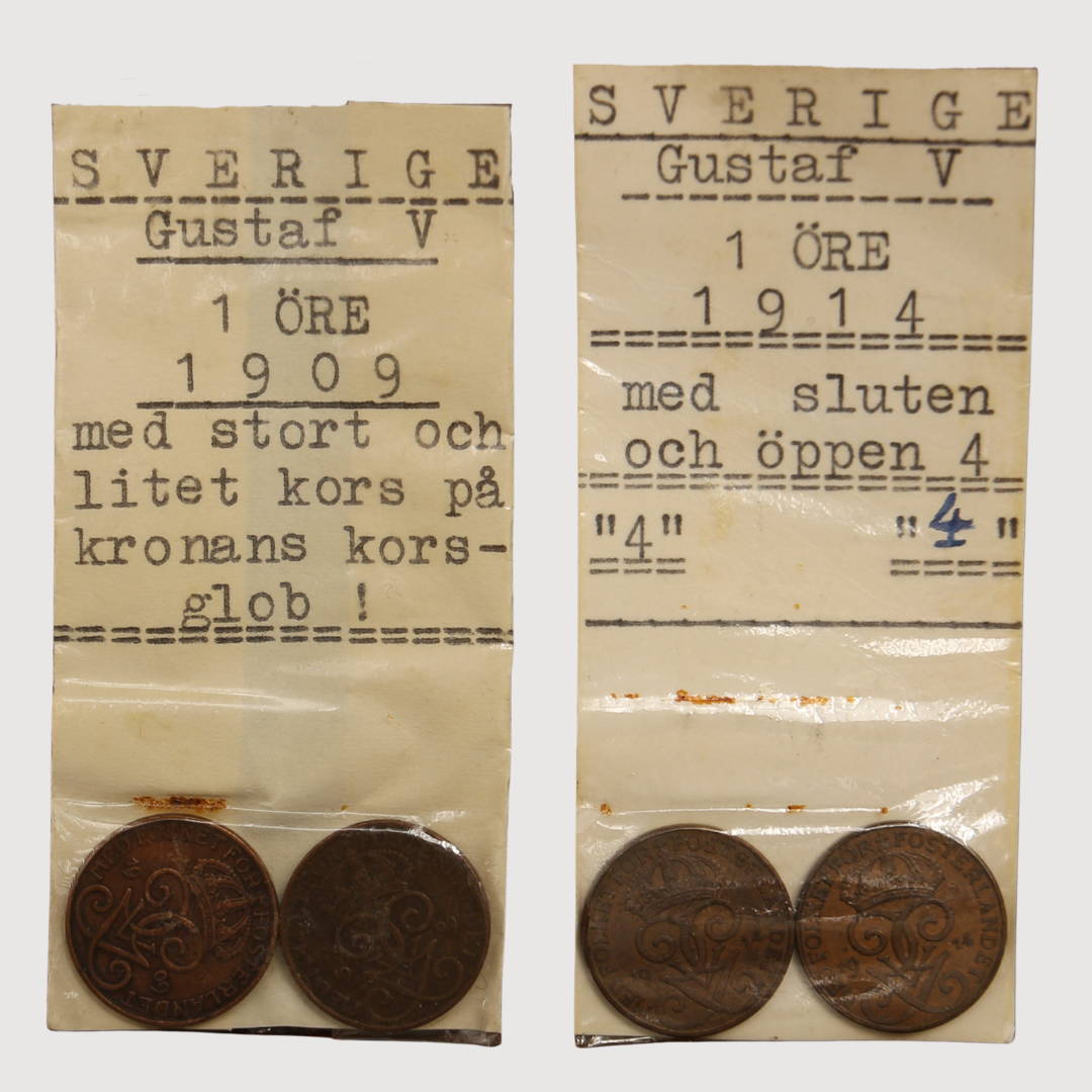MYNT, koppar, 1 öre, 4 stycken, Gustav V, Sverige, 1909 och 1914.