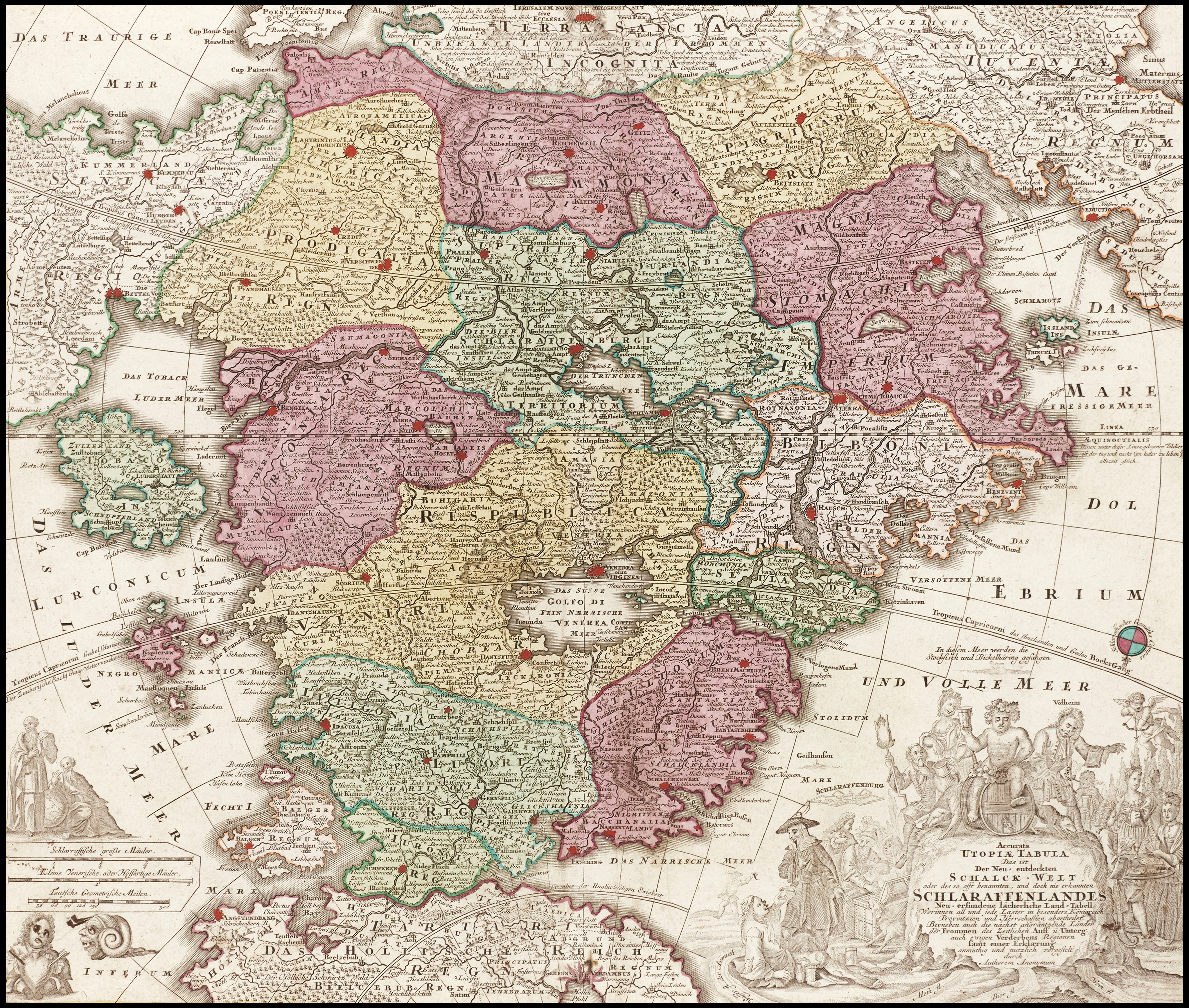 LOTTER, Accurata Utopiæ Tabula Das ist Der Neu-entdeckten Schalk-Welt, oder des so oft benannten, und doch nie erkannten Schlaraffenlandes, 1760.
