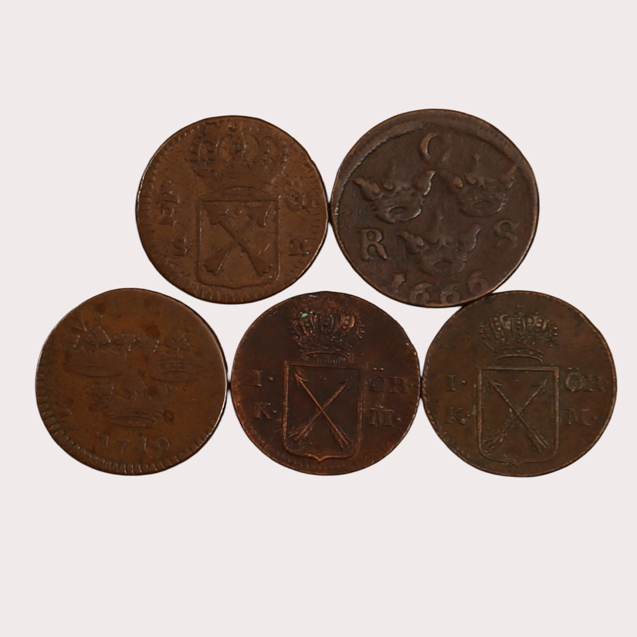 MYNT, koppar, 5 stycken, Sverige, 1600-1700-tal.