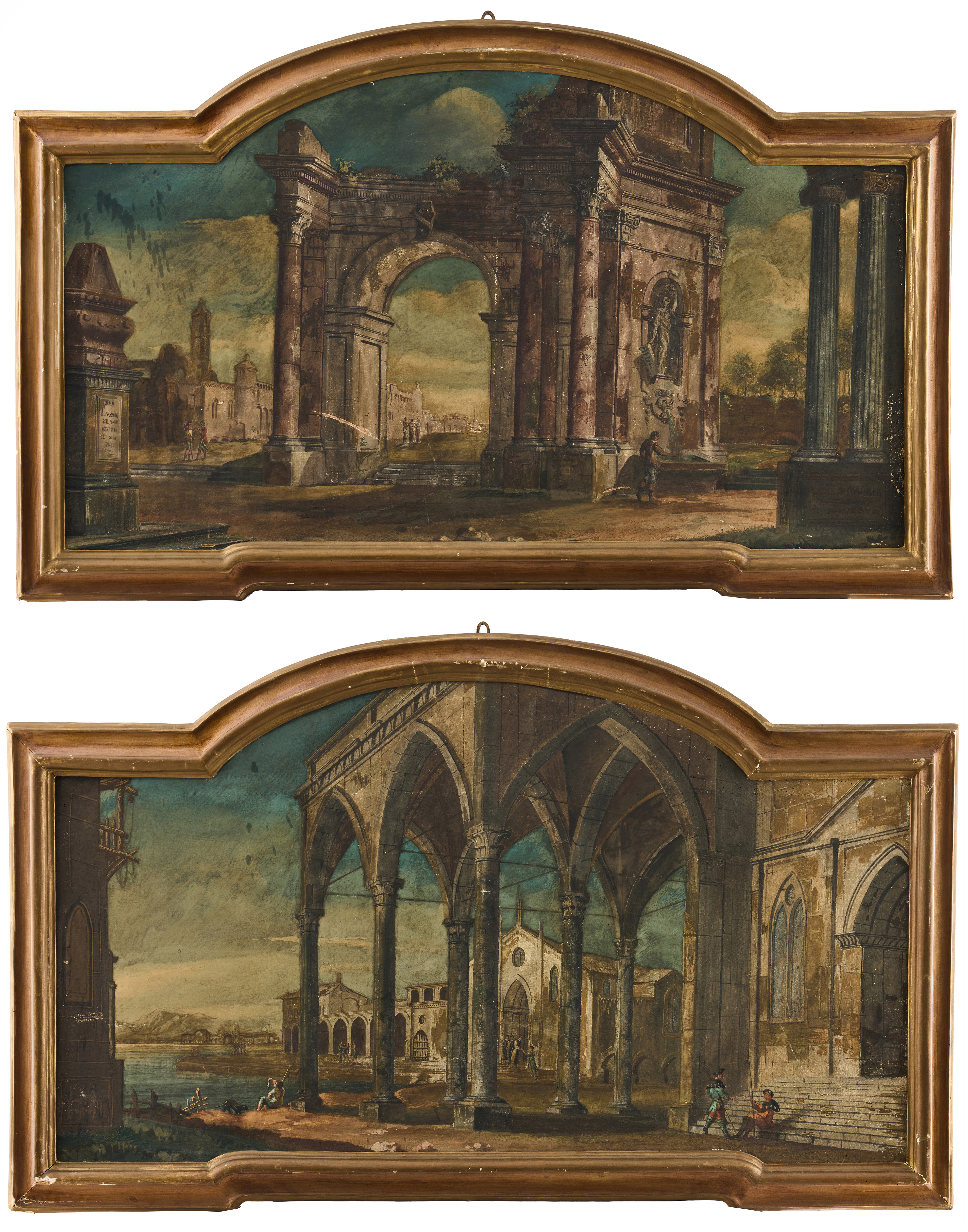PIETRO PALTRONIERI, IL MIRANDOLESE (MIRANDOLA 1673-1741 BOLOGNA). Capriccio with Roman ruins and Lake view with large portico - a pair of arched overdoors.