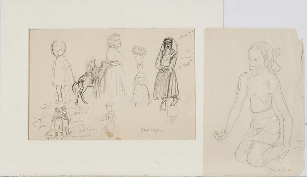 AXEL NILSSON. Teckningar, 2 stycken, blyerts, personstudier tecknade på båda sidor av pappret, signerade.