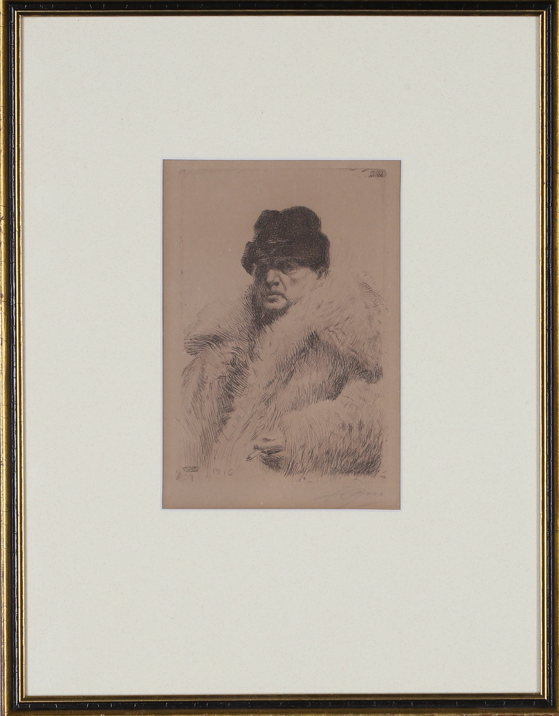 ANDERS ZORN. "Självporträtt i vargskinnspäls", etsning, signerad och daterad 1916 i trycket.
