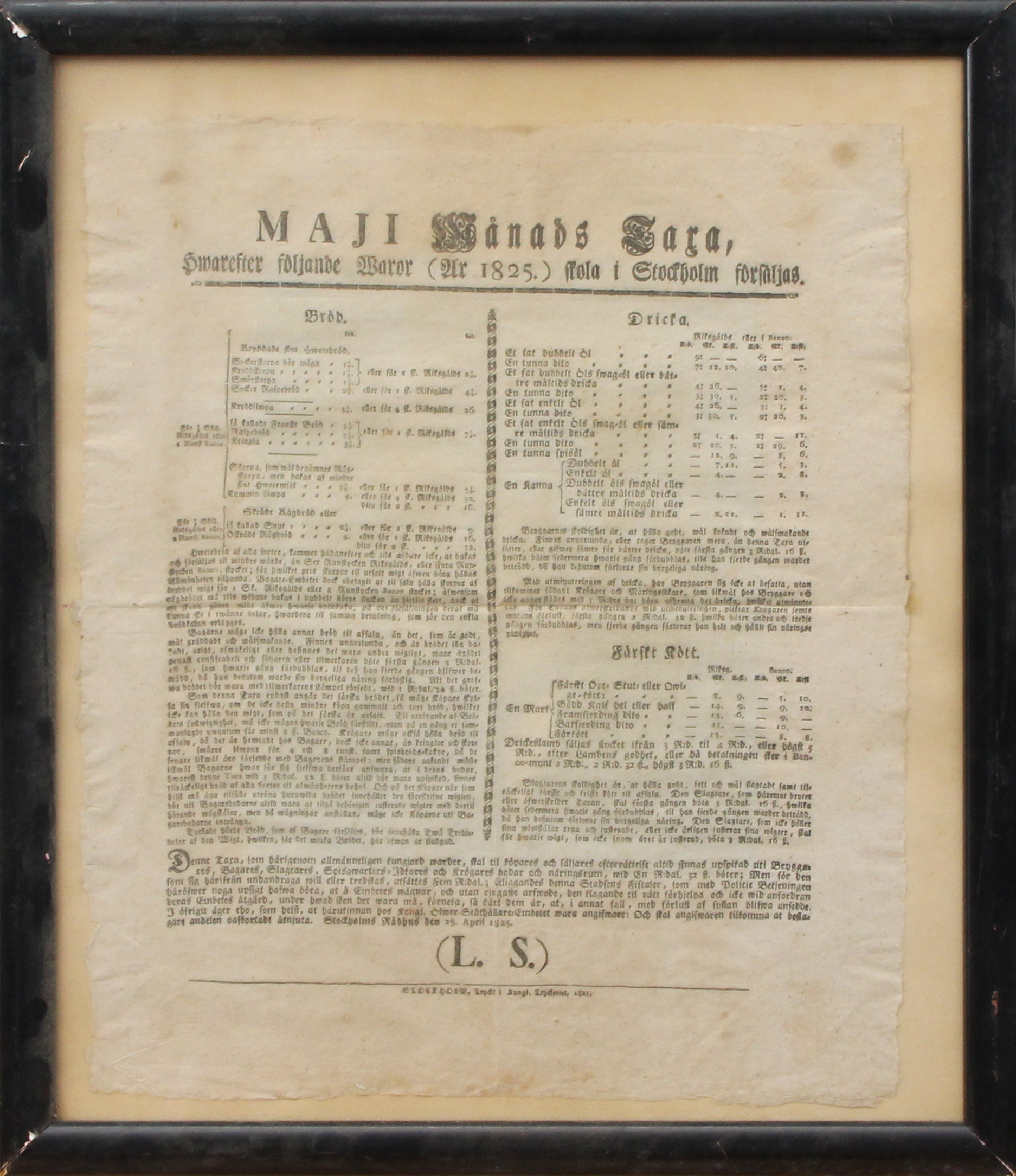 MATVARUFÖRSÄLJNINGSBLAD, 1825.