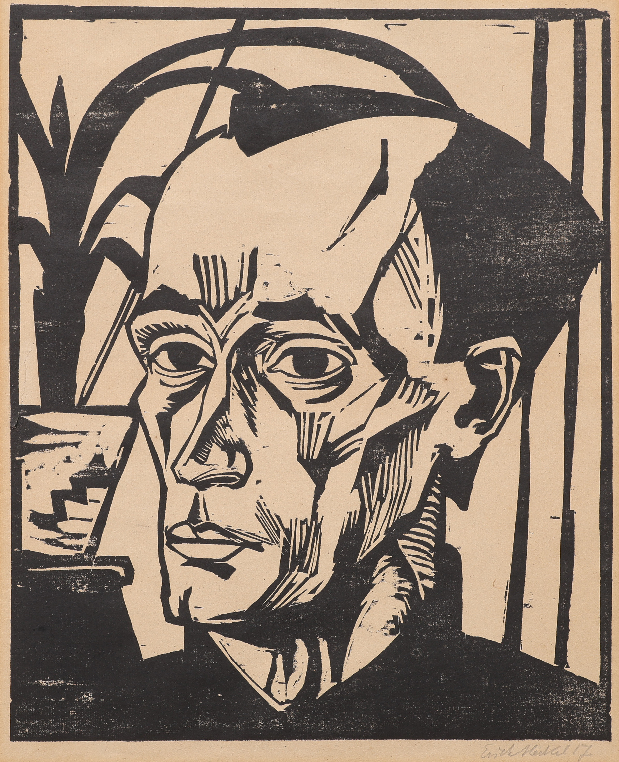 ERICH HECKEL 1883-1970. TRÄSNITT, "BILDNIS EH", SIGNERAD OCH DATERAD 1917.