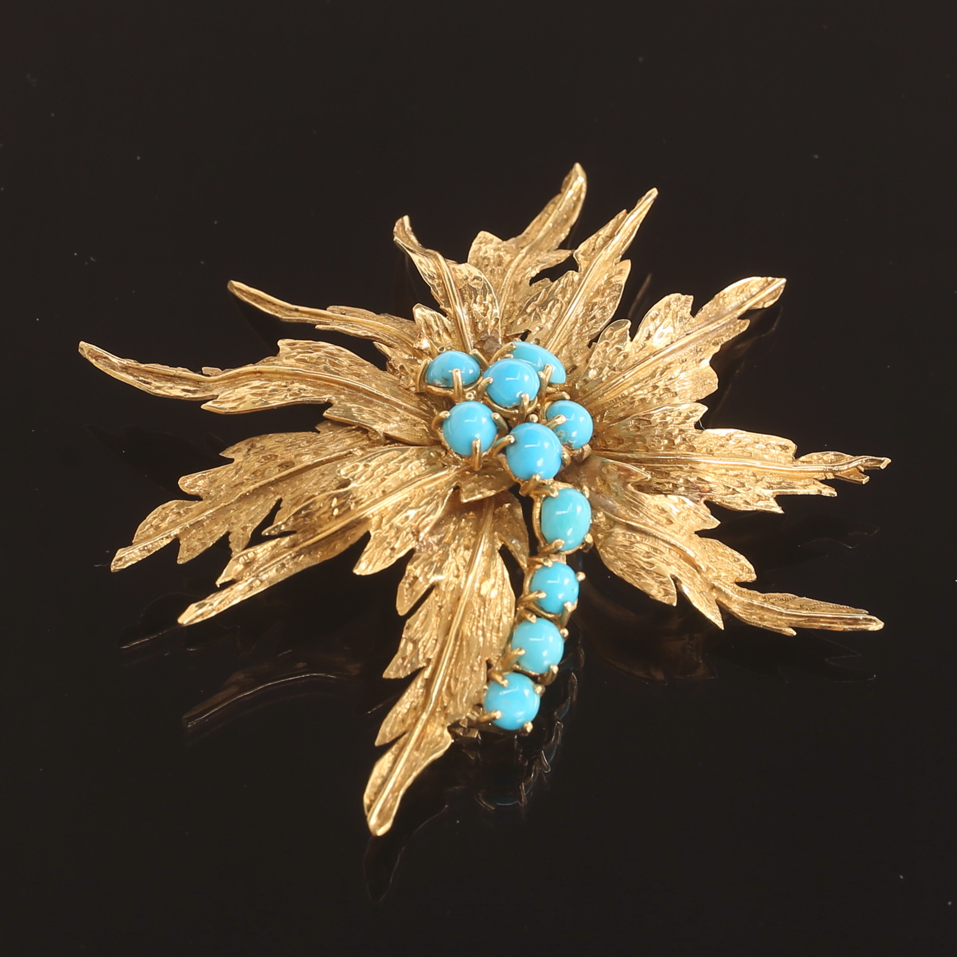 BROSCH, guld 18 k. med turkoser.