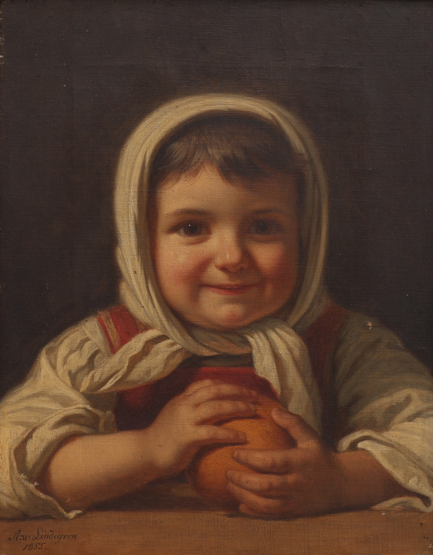 AMALIA LINDEGREN 1814-1891. OLJA PÅ DUK, "FLICKA MED APELSIN", SIGNERAD OCH DATERAD 1855.