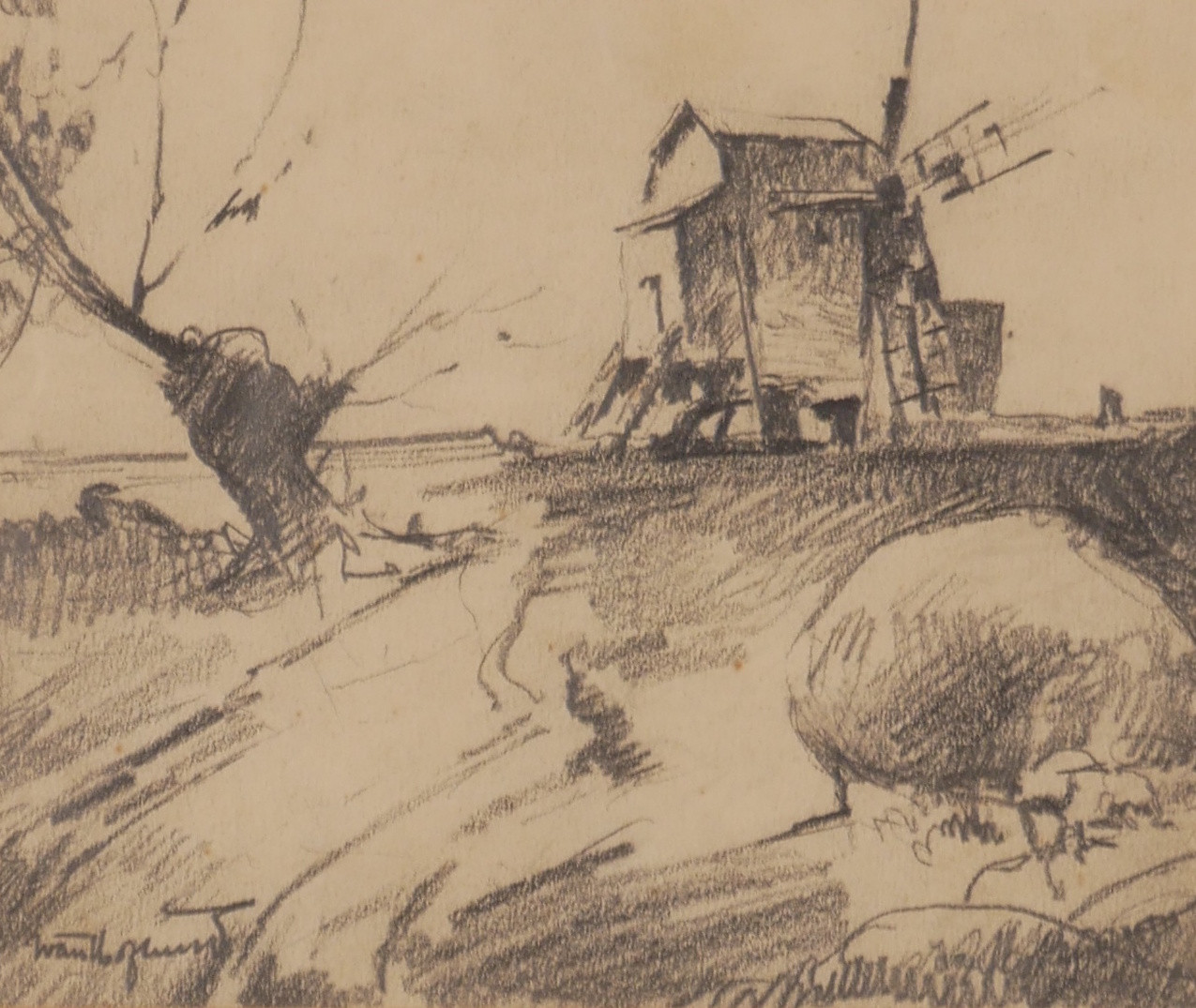 IVAN HOFLUND. Ölandskvarn, teckning, signerad Ivan Hoflund.