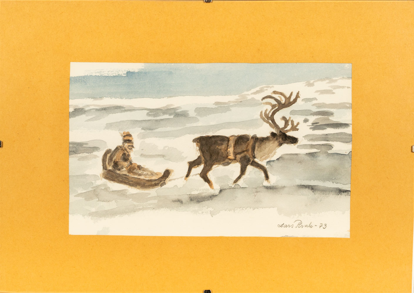 LARS PIRAK. Akvarell, Ren som drar ackja, Signerad och Daterad 1973 år.